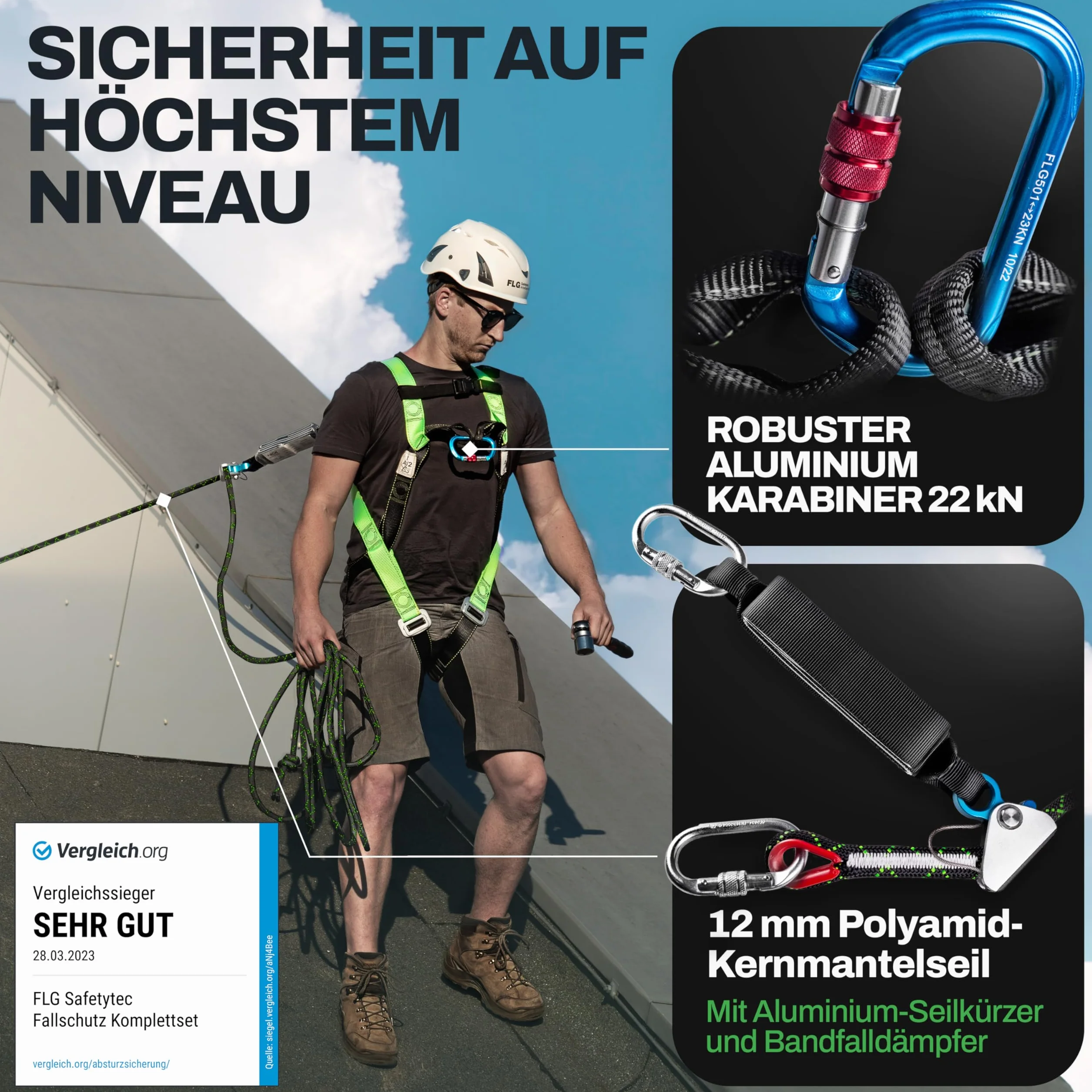 FLG Safetytec Fallschutz Komplettset - 2-Punkt Auffanggurt mit 10m Verbindungsmittel und 2m Bandschlinge für maximale Sicherheit bei Höhenarbeiten gem. EN353 / 361/795