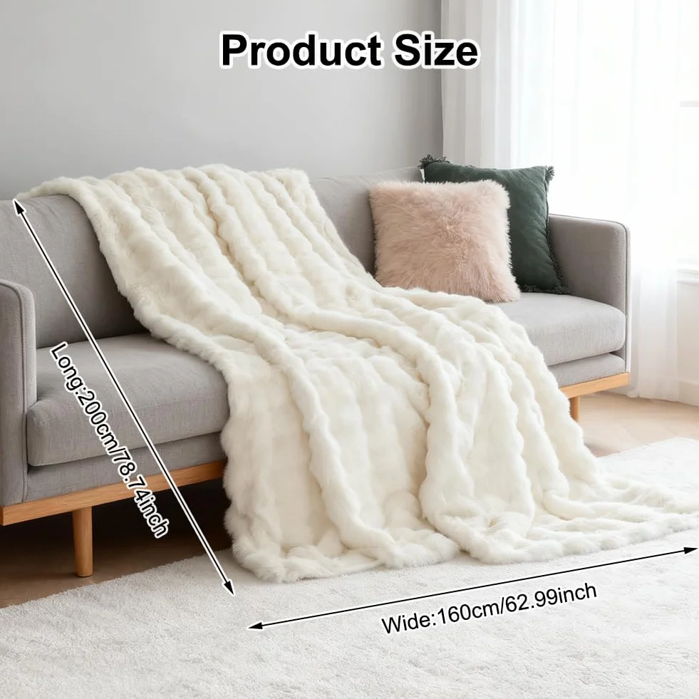 Przytulny koc z królikiem, pluszowy koc 160 x 200 cm, super miękki, gruby flanelowy, na kanapę, ciepły koc na sofę, do sypialni, biura (biały)
