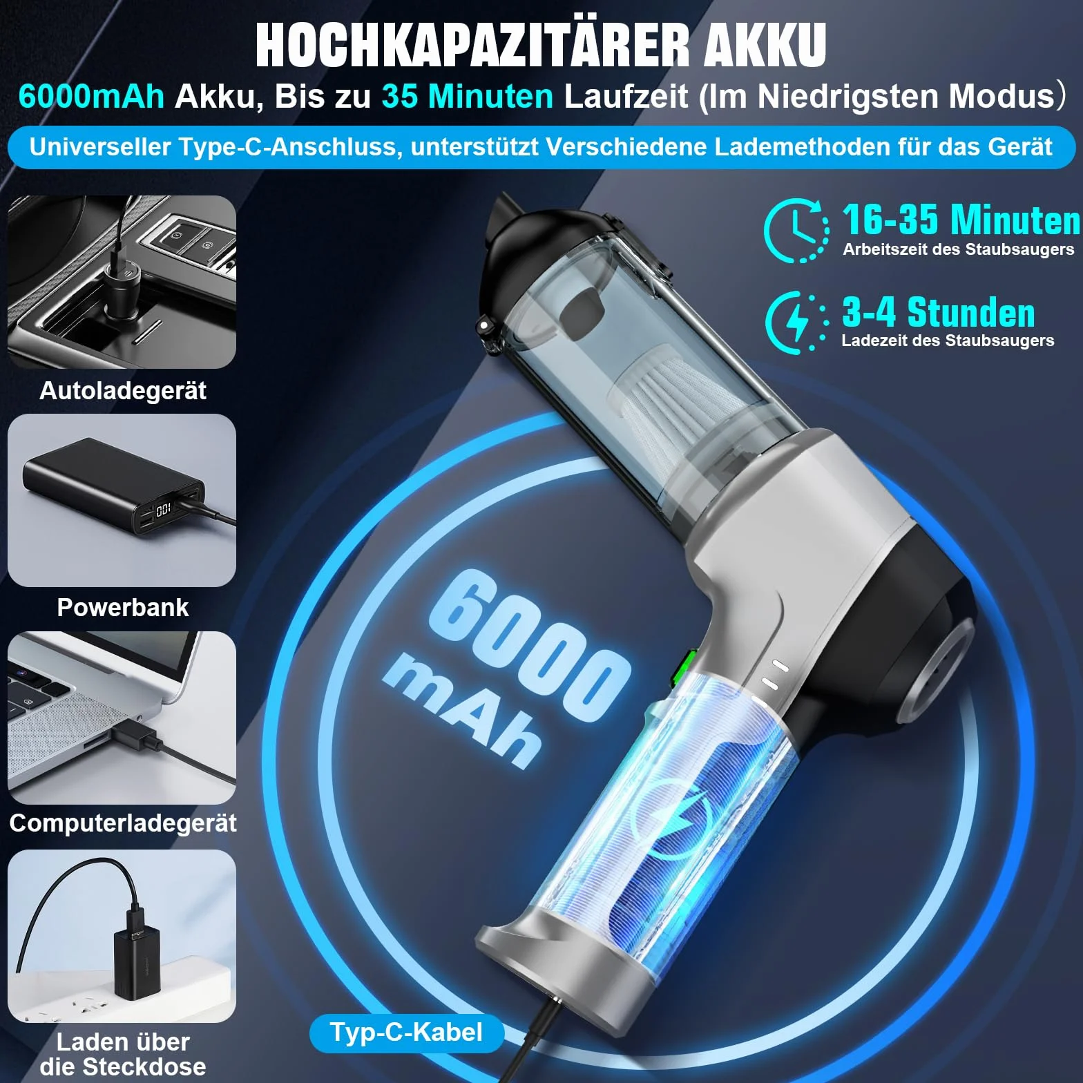 Odkurzacz ręczny 4 w 1, akumulatorowy, mocny, 25000 PA, 3-biegowy, 220 000 obr./min, bezprzewodowy odkurzacz ręczny, elektryczna dmuchawa do samochodu, kuchni, komputera, sofy, biura, domu i