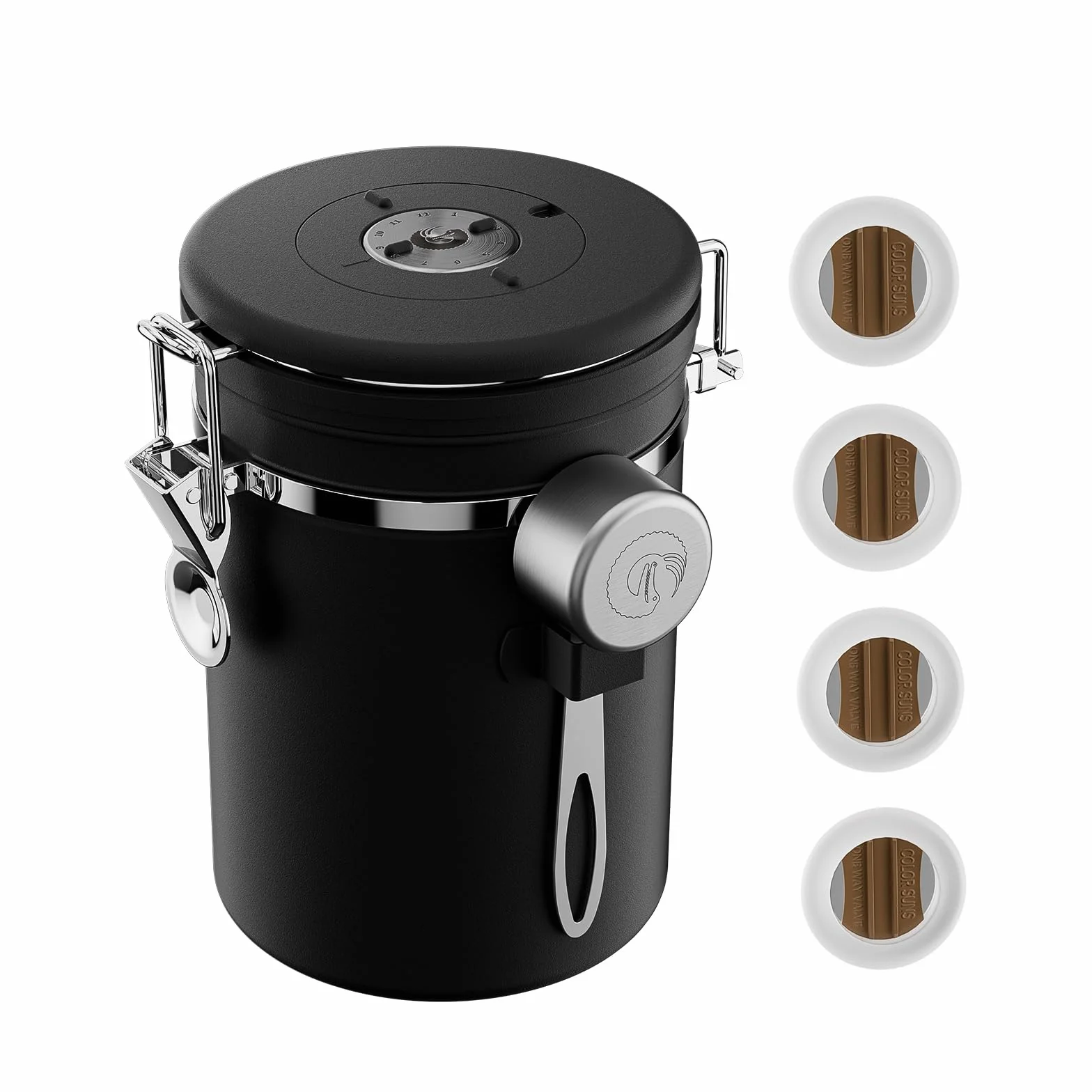 Coffee Gator Stainless Steel Coffee Grounds and Beans Container Canister with Date-Tracker, CO2-Release Valve and Measuring Scoop, Medium, Black