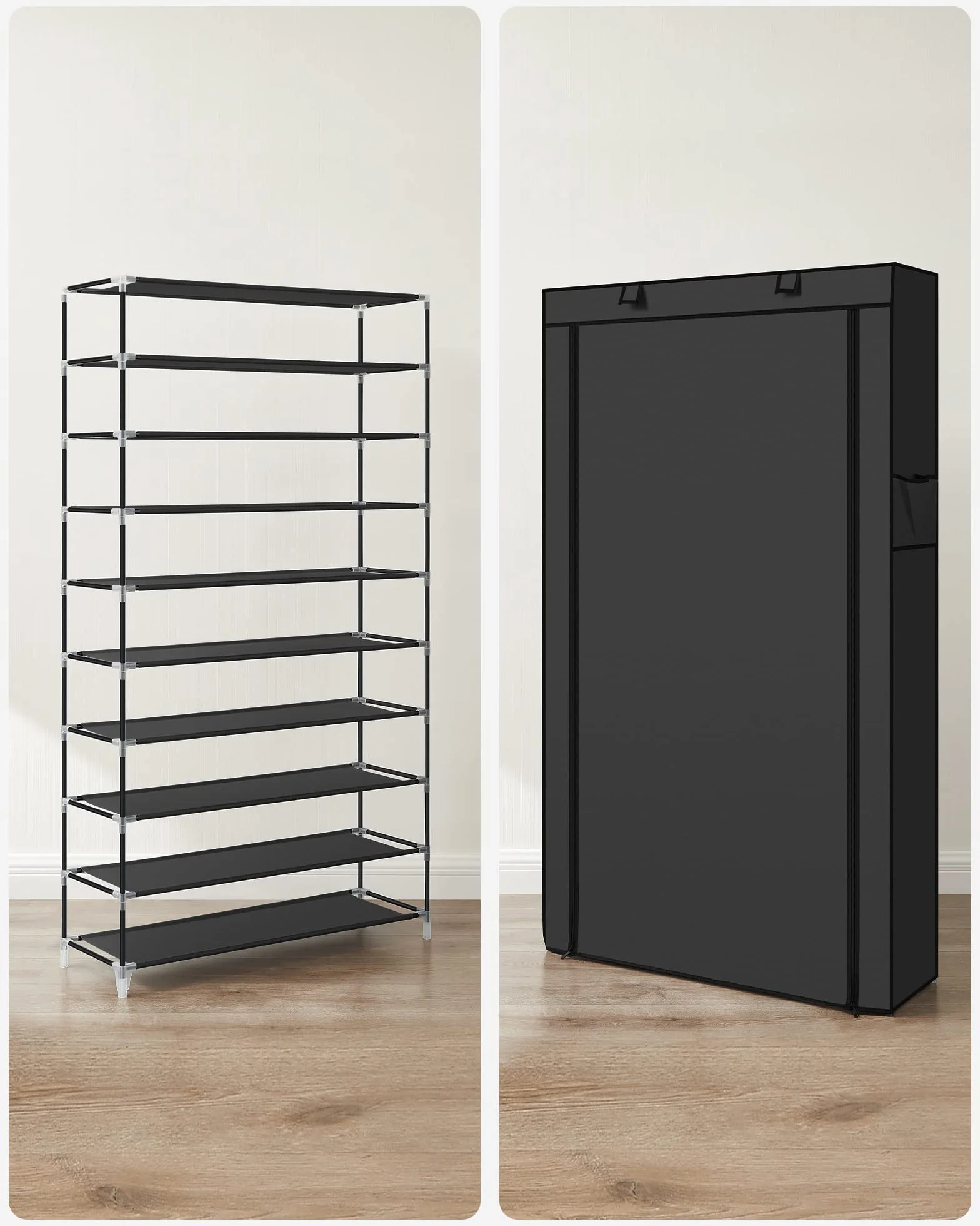SONGMICS regał na buty z 10 poziomami, z odporną na kurz powłoką, szafka na buty, do 40 par butów, do salonu, korytarza, 88 x 28 x 160 cm, czarny RXJ36HV1