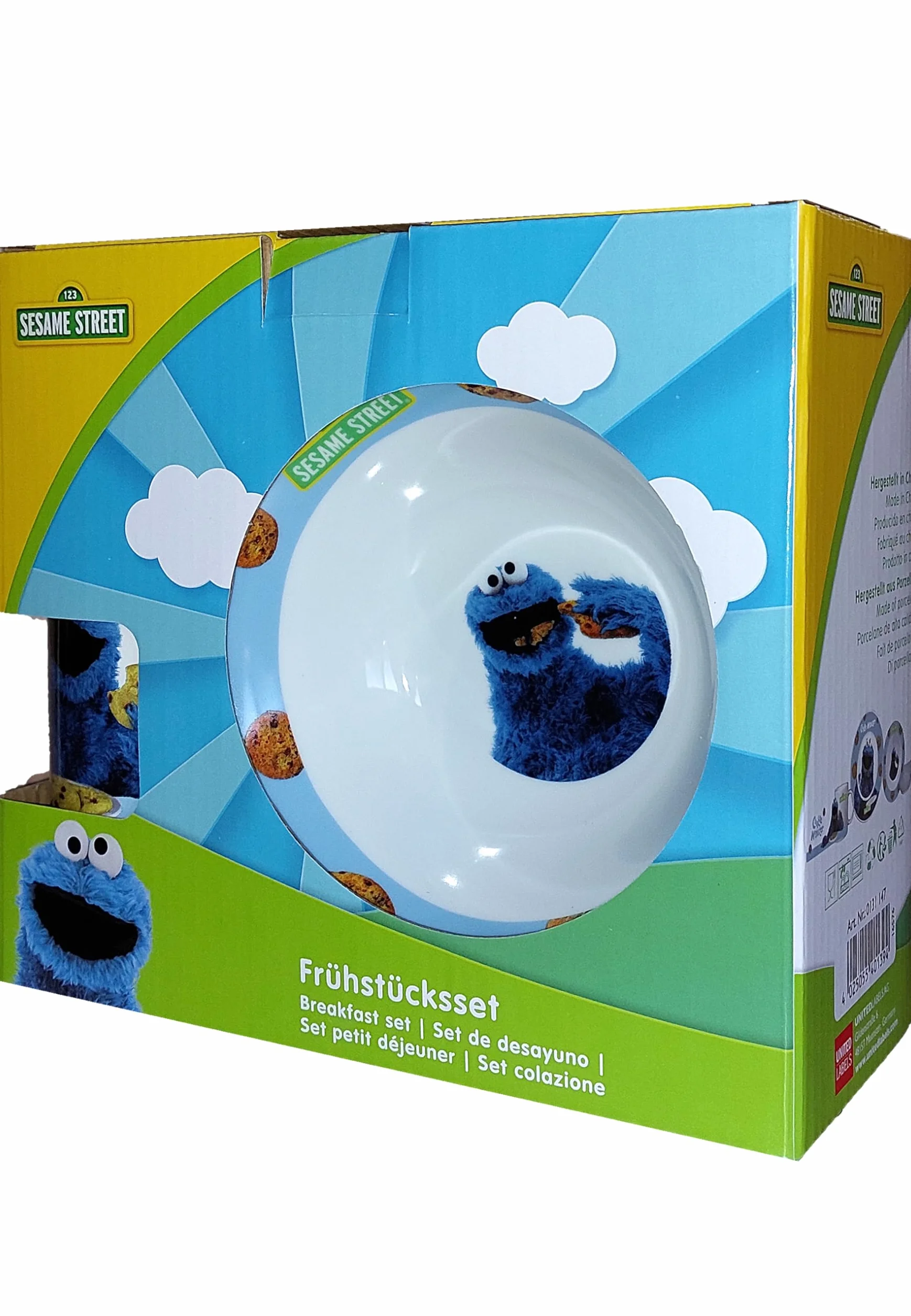 Ulica Sezamkowa Zestaw śniadaniowy Cookie Monster 3-częściowy porcelanowy niebieski talerz miska kubek