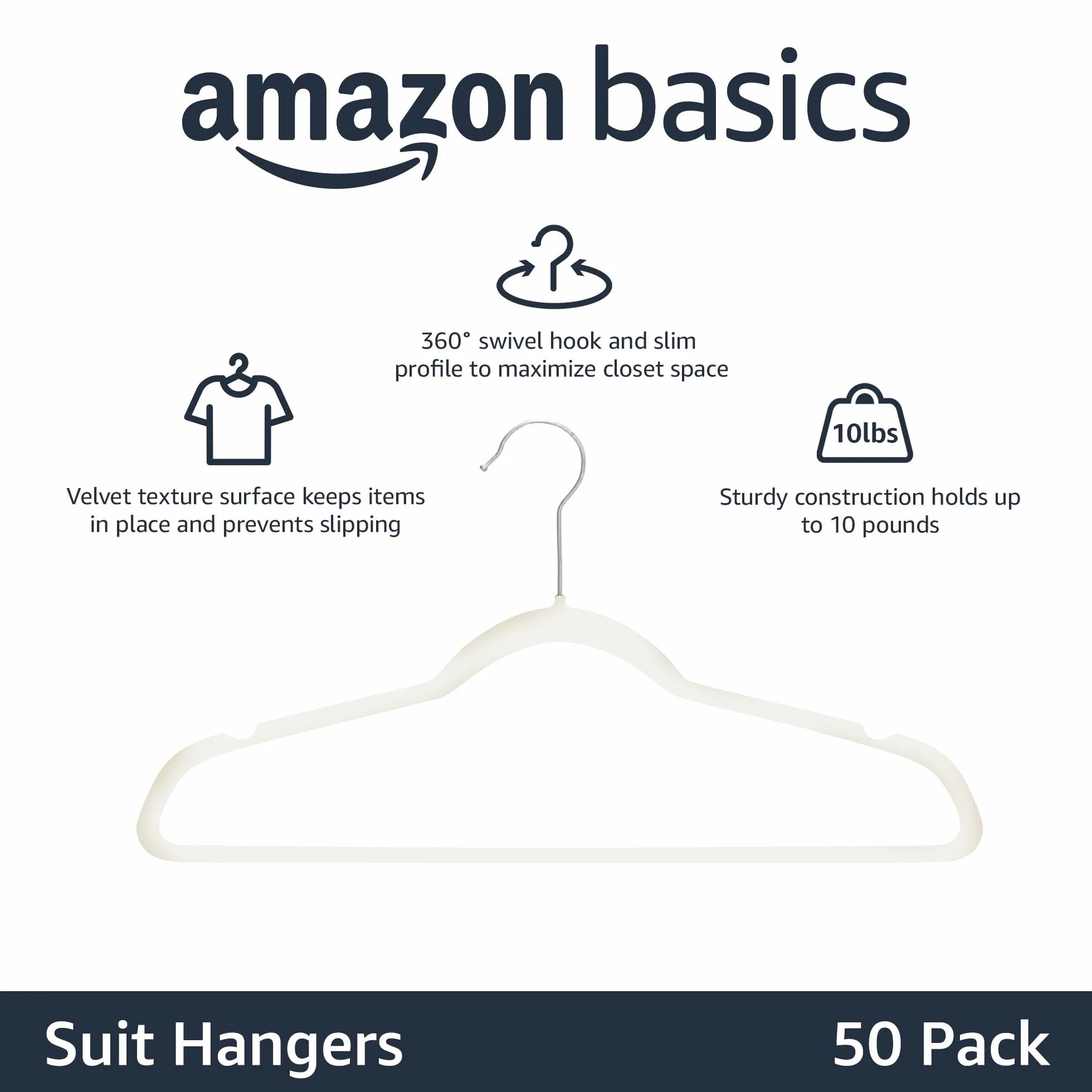 Amazon Basics Wąski i antypoślizgowy wieszak na koszule / garnitur/kostium - opakowanie 50 sztuk, kolor kości słoniowej