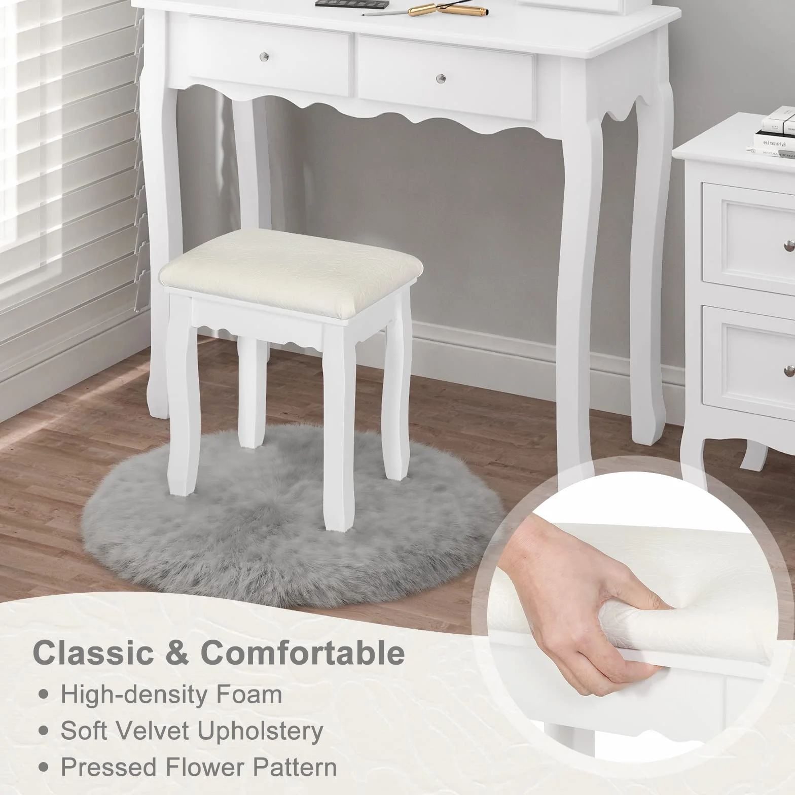 WOLTU MB6095ws taboret do makijażu w stylu wiejskim, do toaletki, aksamitny, do fortepianu, taboret kosmetyczny, taboret tapicerowany do sypialni, 38 x 45 x 28,5 cm, nogi z litego drewna, biały