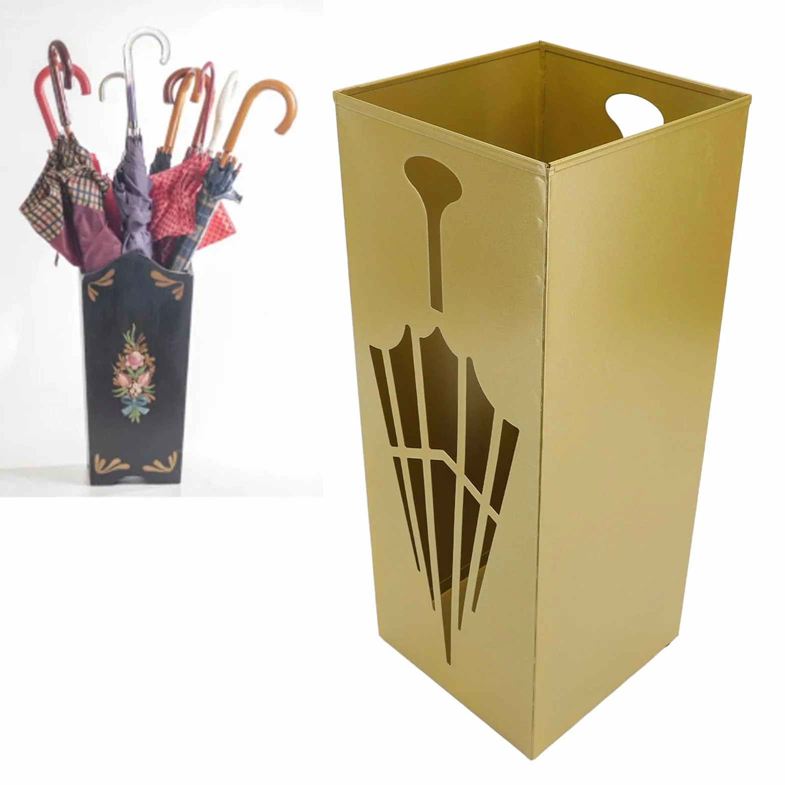 Metalowy Stojak na Parasole Kwadratowy Pojemnik Organizer GOLD