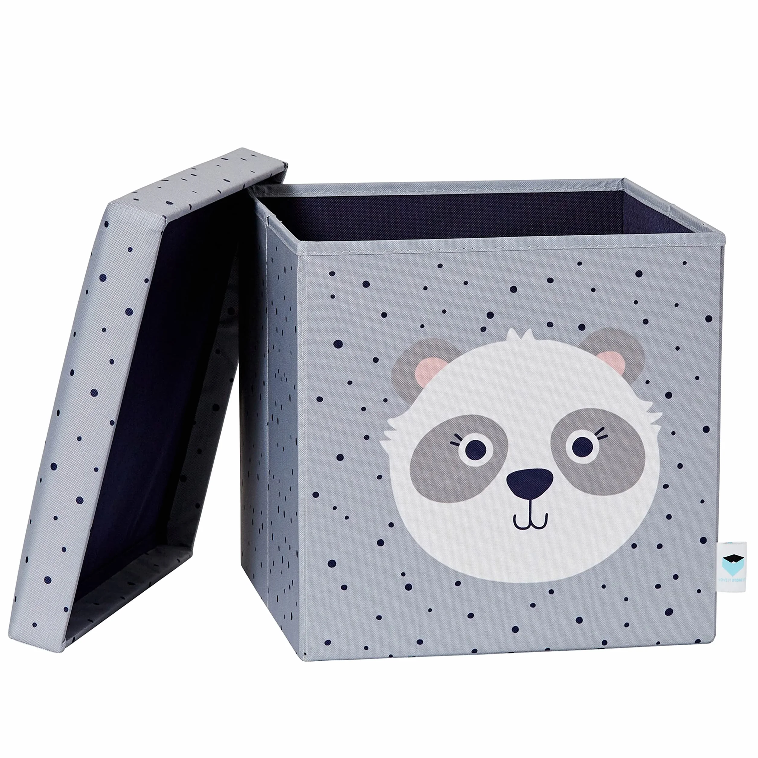 LOVE IT STORE IT Taboret do siedzenia z miejscem do przechowywania – skrzynia na zabawki z materiału – wzmocniona drewnem – obciążenie do 150 kg – szary z pandą – 35 x 35 x 35 cm