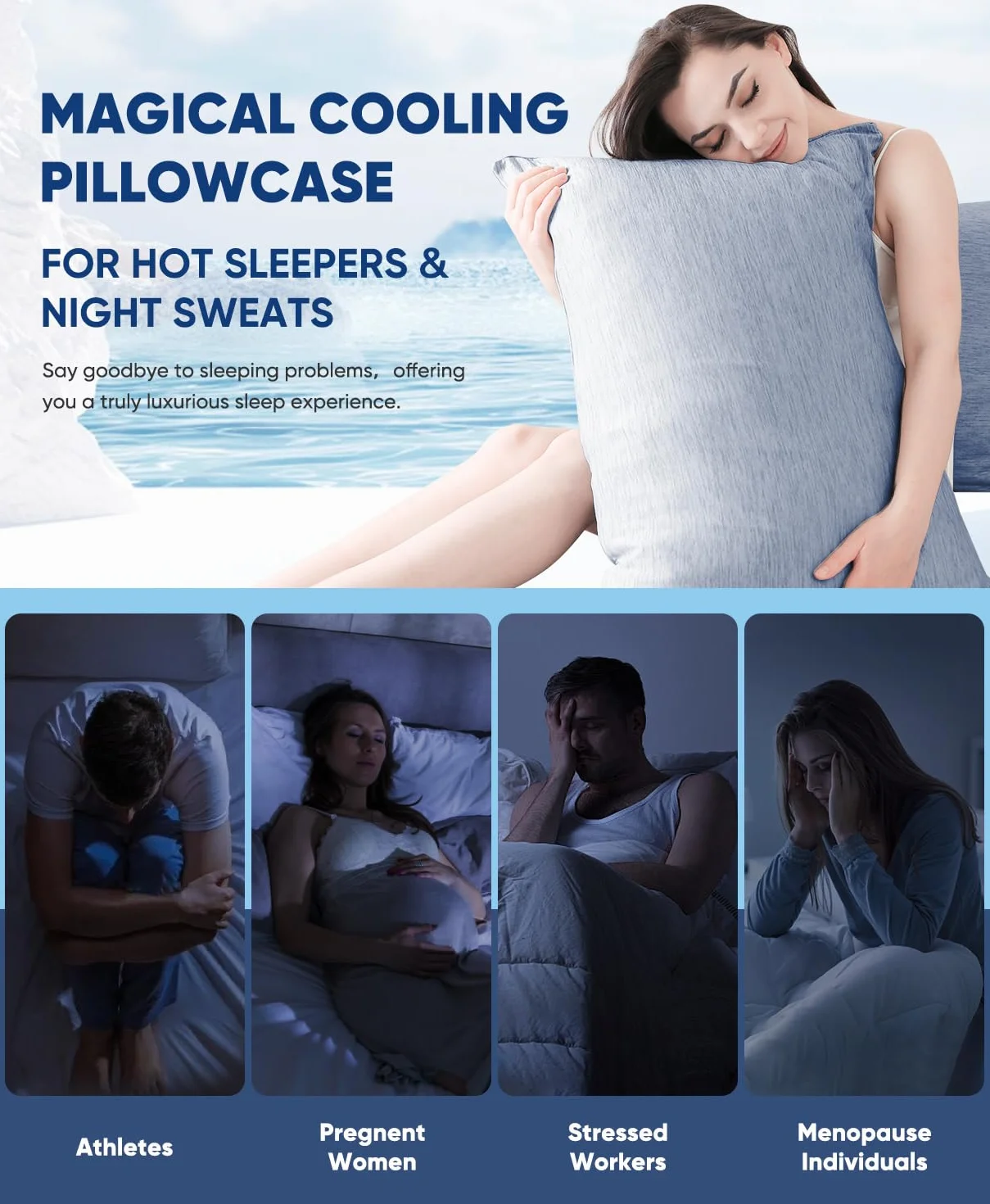 Luxear 2-częściowy zestaw chłodzących poszewek na poduszkę na nocne poty, super miękkie, japońskie Arc-Chill Q-Max 0,5 włókna chłodzące, oddychająca poszewka na poduszkę,40 x 80 cm,niebieski