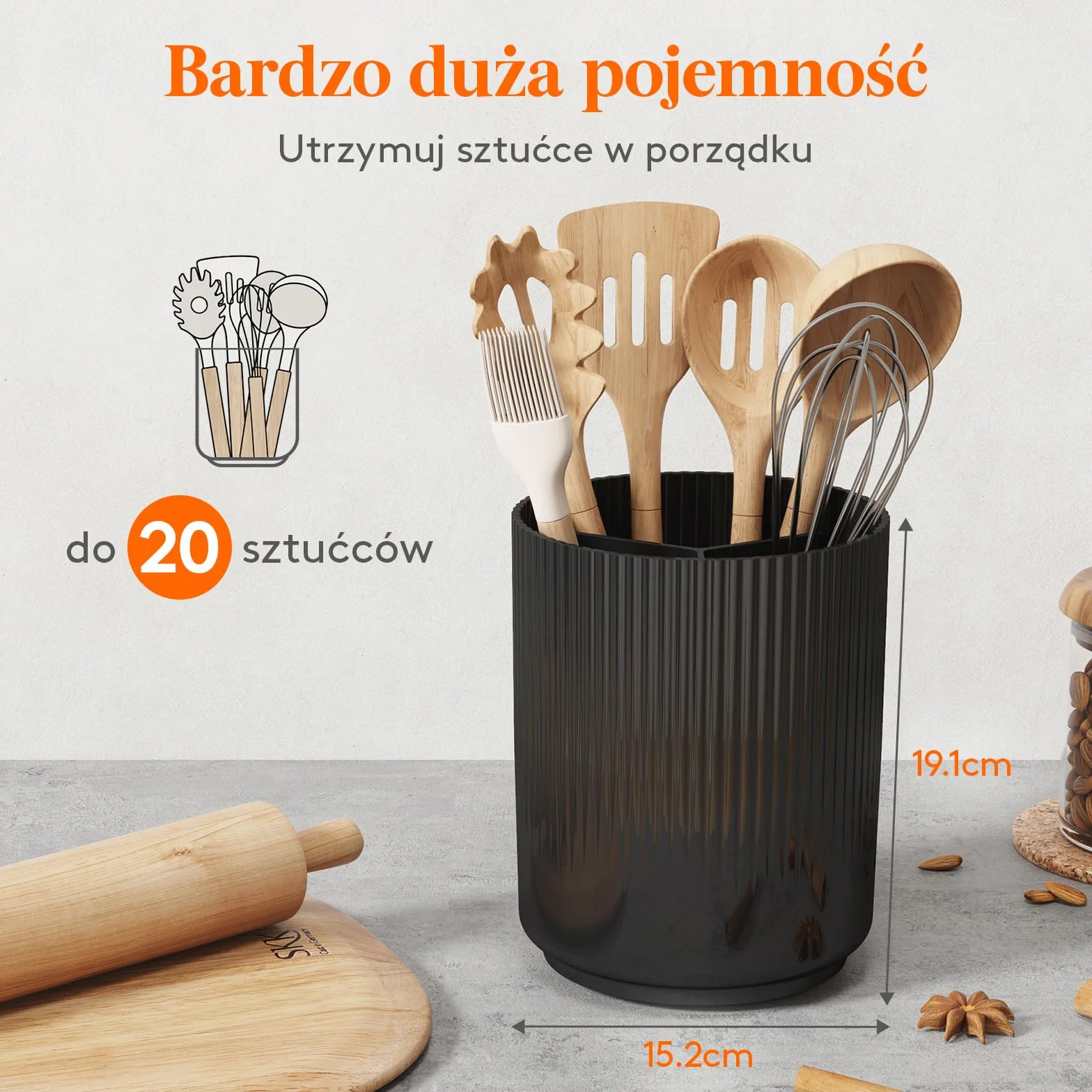 Lifewit Uchwyt na przybory do przechowywania w kuchni, pojemnik na sztućce z antypoślizgową obrotową podstawą, duża 3-komorowa plastikowa łyżka, szpatułka, sztućce, organizer na sztućce z suchym