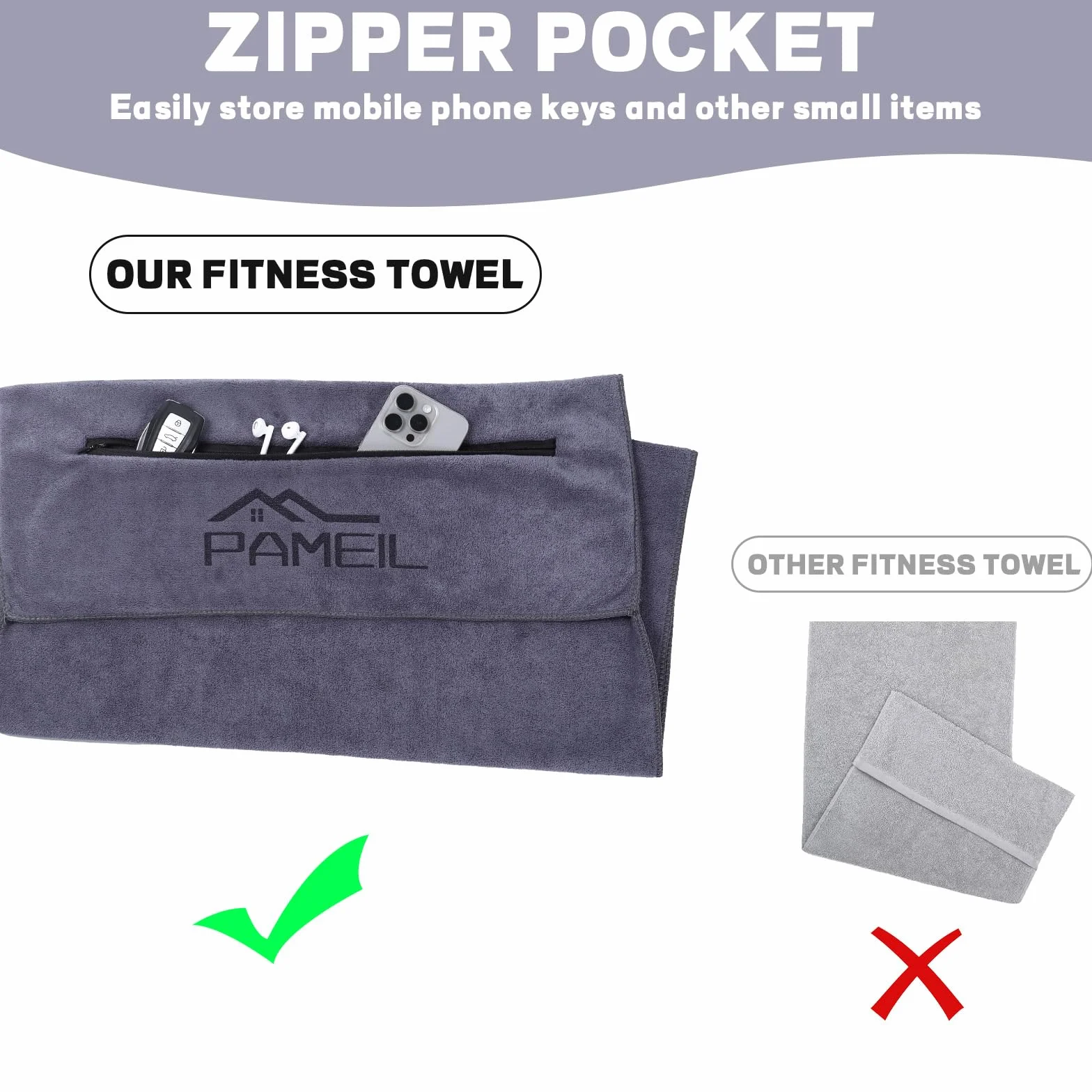 Pameil Ręcznik fitness, 120 x 50 cm, ręcznik sportowy, do studia fitness, chłonny i miękki, z kieszenią na zamek błyskawiczny, do treningu (ciemnoszary)