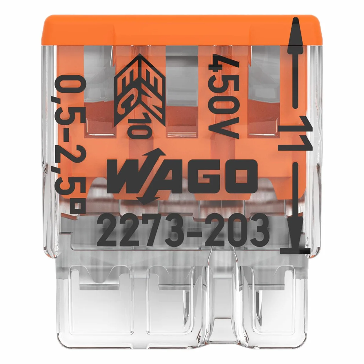WAGO Zaciski przyłączeniowe 2273-203 | 3-pinowe, do 2,5 mm², 100 sztuk, COMPACT zacisk przyłączeniowy do przewodów stałych, potwierdzone bezpieczeństwo aplikacji, najmniejsza możliwa konstrukcja