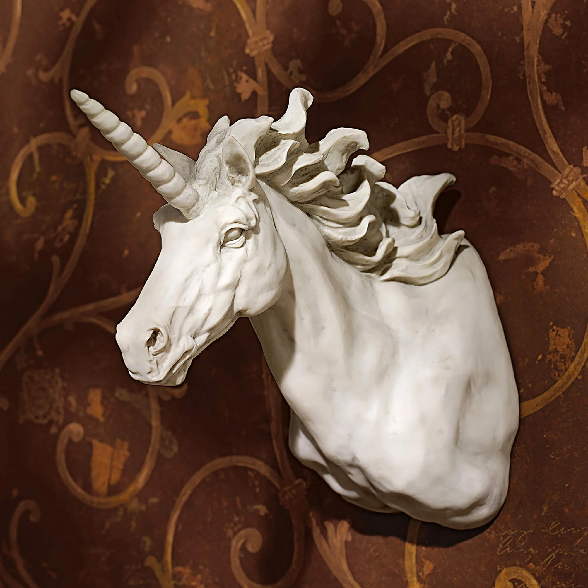 Design Toscano Alicorn jednorożec koń trofeum rzeźba ścienna, żywica poliestrowa, antyczny kamień, 33 cm