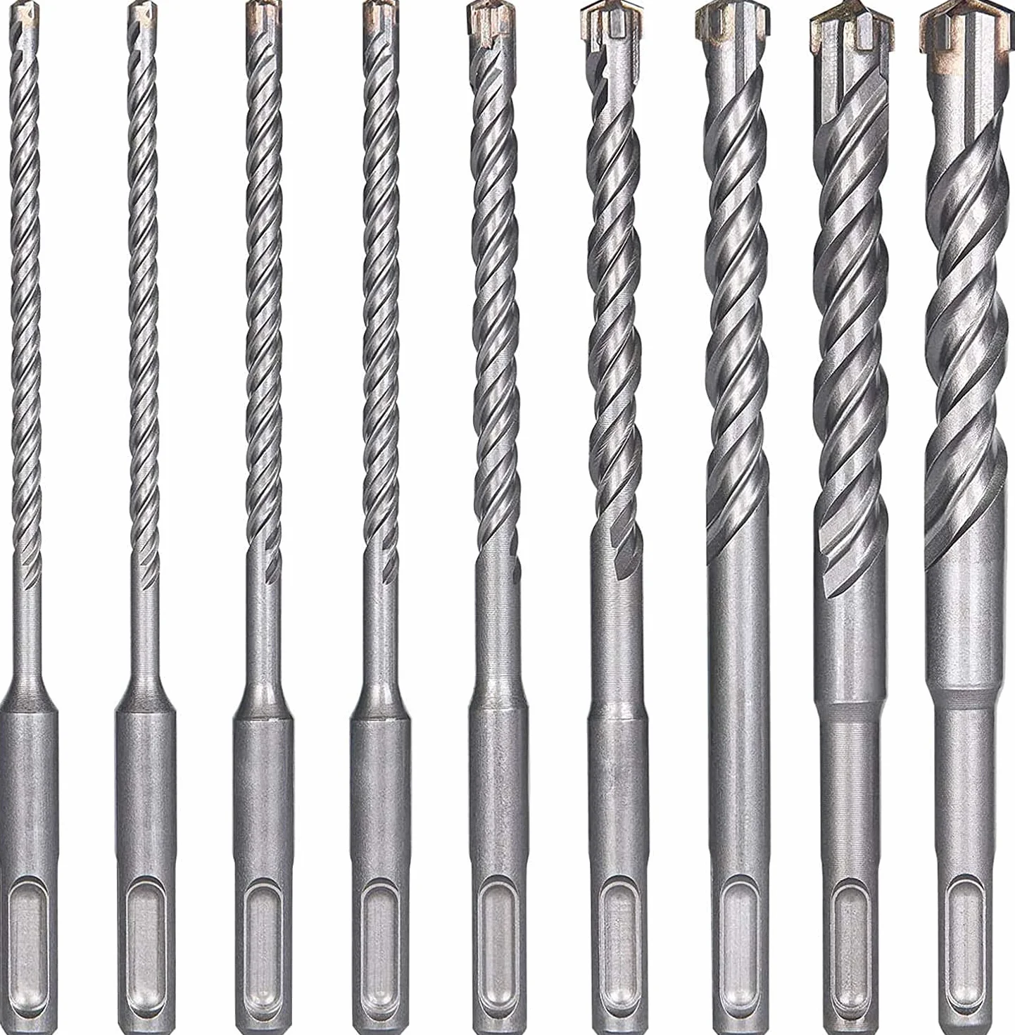 flintronic Zestaw wierteł SDS Plus, 9 wierteł do betonu, zestaw wierteł z 4 ostrzami, wiertło udarowe, wiertła do kamienia SDS, (5, 6, 6, 8, 8, 10, 12, 14, 16) x 160 mm, narzędzia do wiercenia w