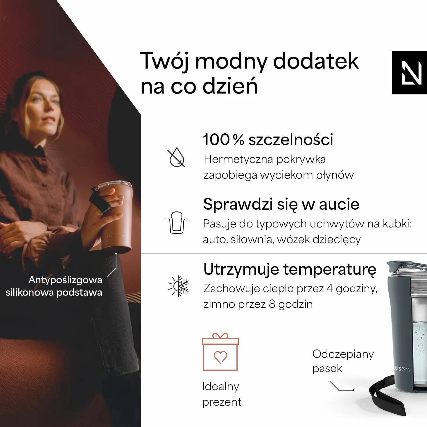 LARS NYSØM Termo kubek do kawy na wynos z uchwytem i pokrywką Tritan | kubek podróżny 0,38 litra z izolacją | szczelny stalowy kubeczek termiczny do kawy i herbaty (Stone Blue, 380ml)