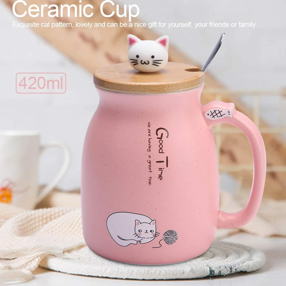 Kubek dla kota 420 ml śliczny ceramiczny kubek do kawy z pięknym kotkiem drewniana pokrywka łyżka ze stali nierdzewnej, poranna filiżanka herbata mleko świąteczny kubek(Pink)