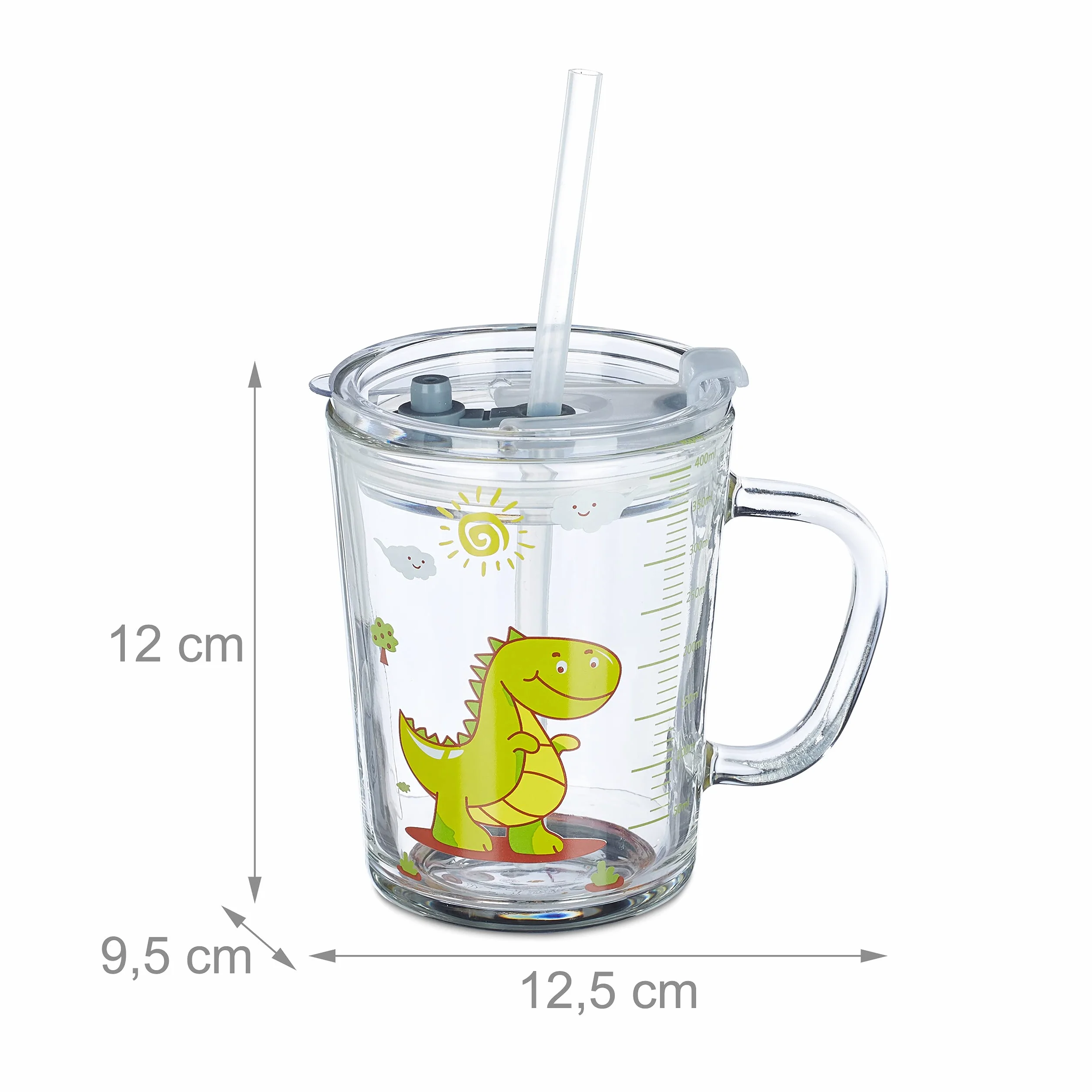 Relaxdays zestaw 2 szklanek ze słomkami, kubki na napoje z uchwytami, motyw dinozaura, 400 ml, ze skalą, przezroczysty