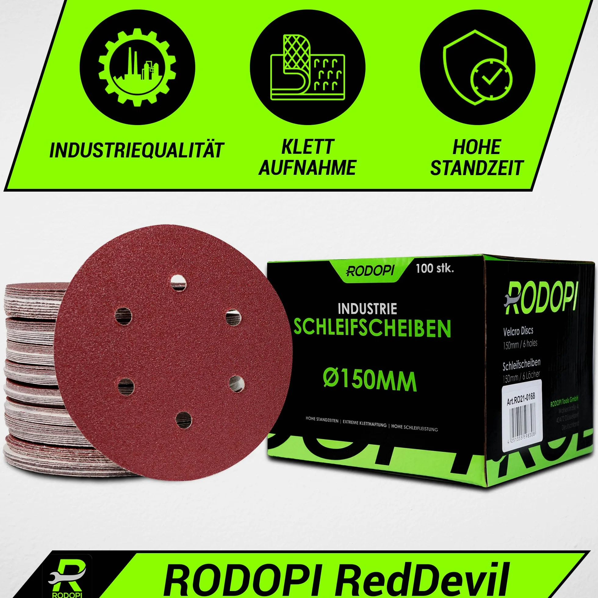 RODOPI Papier ścierny RedDevil 150 mm krążki szlifierskie na rzep ziarnistość 40-320, podkładki szlifierskie do szlifierek mimośrodowych, 6 otworów, krążki na rzep, cyrkonia, korund, 50 sztuk