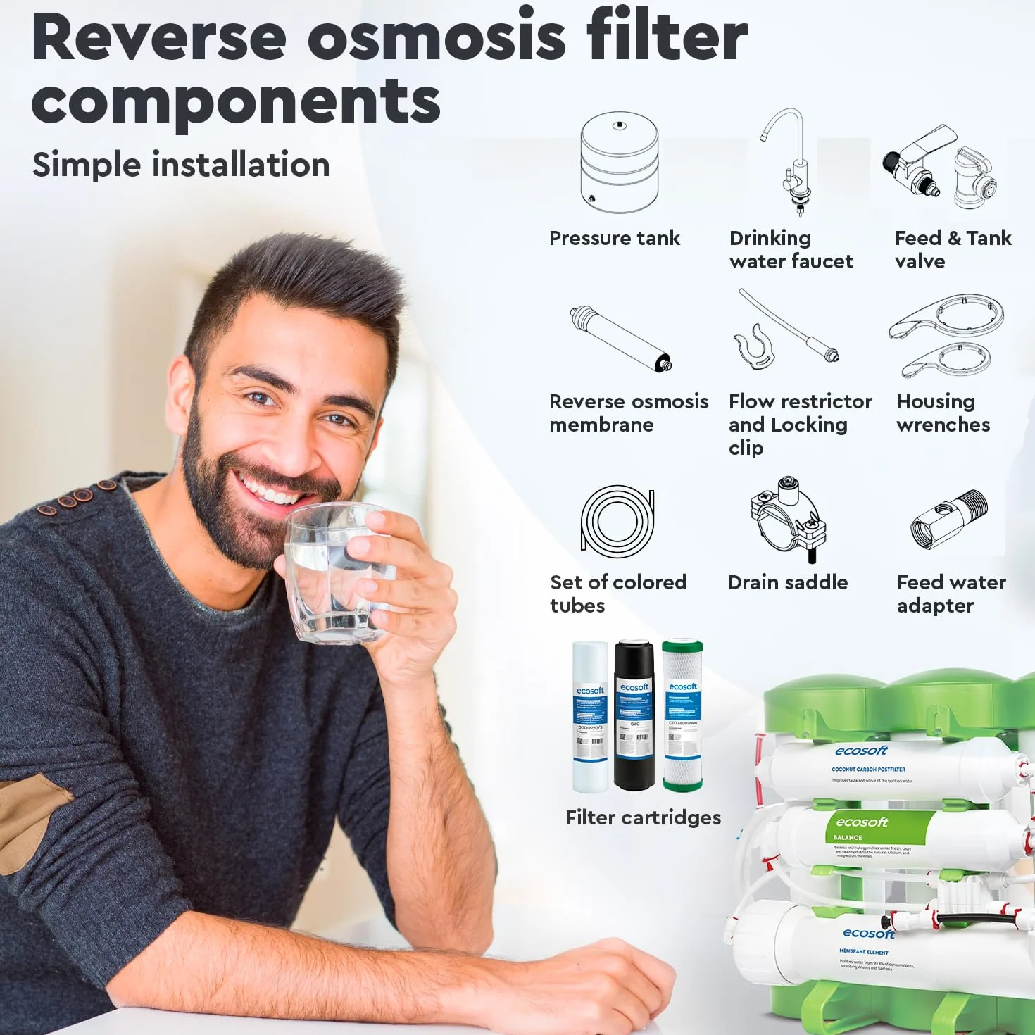 Ecosoft PURE Balance Kompaktowy filtr odwróconej osmozy | Bez pompy | Poprawia smak domowej wody pitnej
