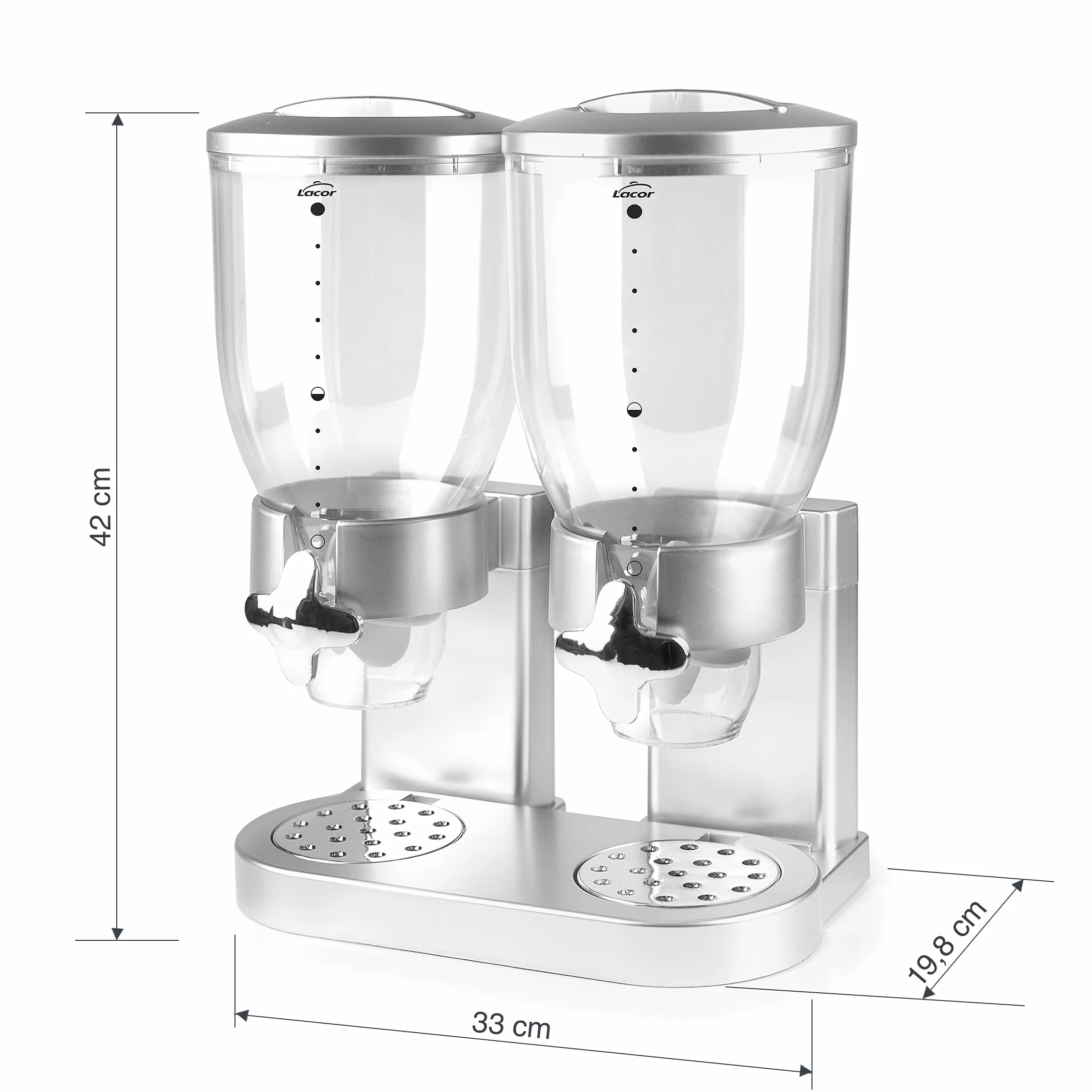 Lacor - 62597 - Dozownik zbóż, suszonych owoców, makaronu i cukierków, podwójny pojemnik, dwa pojemniki 3,5 l, system obrotowy, wolny od BPA, 33x20x42 cm, szary