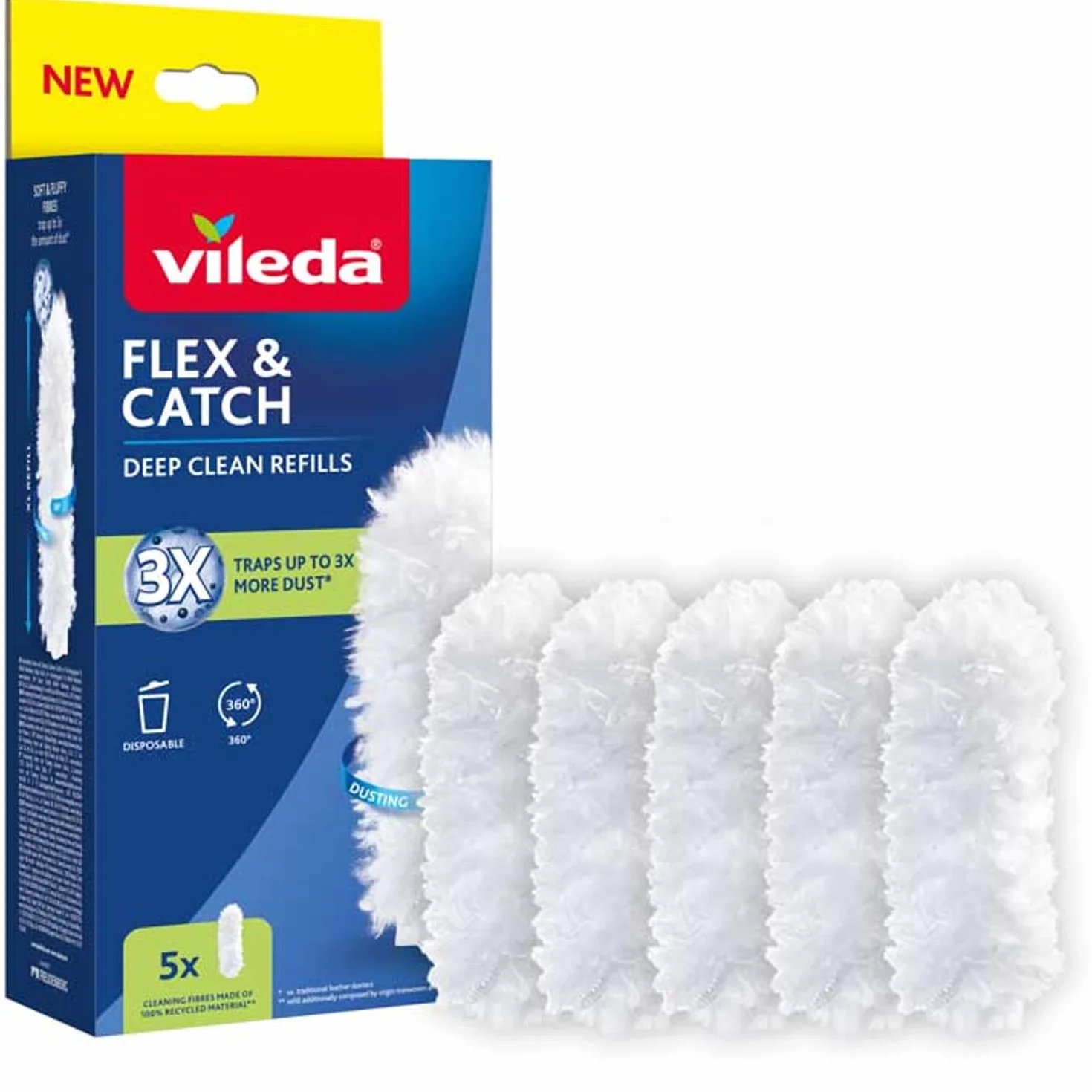 VILEDA FLEX & CATCH WŁADKI 5 SZTUK FLEX & ŁĄCZNIKI Zamienne narzędzie do usuwania kurzu Flex & Catch, wymiana miękkiej mikrofibry, czyszczenie 360° (5)