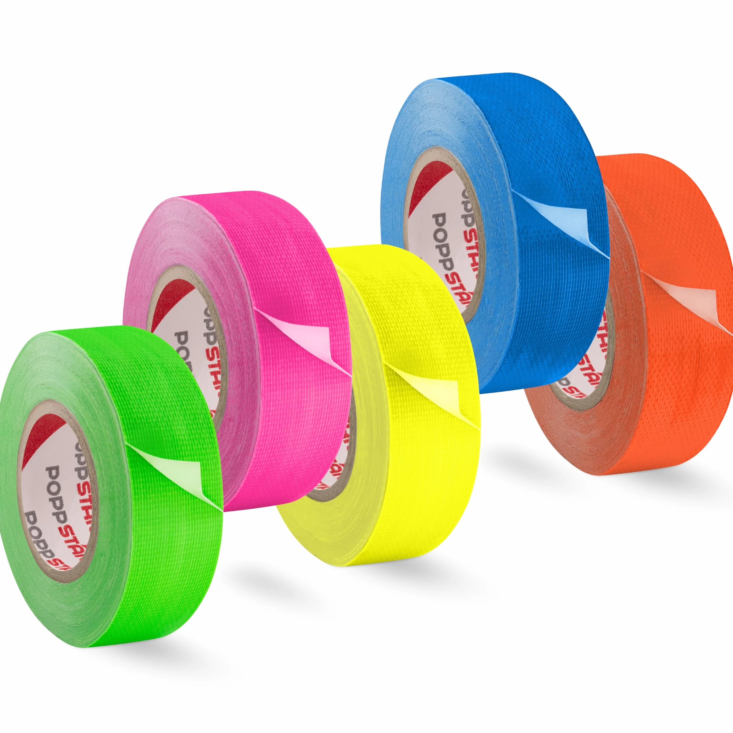 Poppstar 5 neonowych taśm samoprzylepnych 25 mm x 10 m, fluorescencyjne taśmy materiałowe, dostępne kolory: żółta, zielona, czerwona, niebieska, różowa