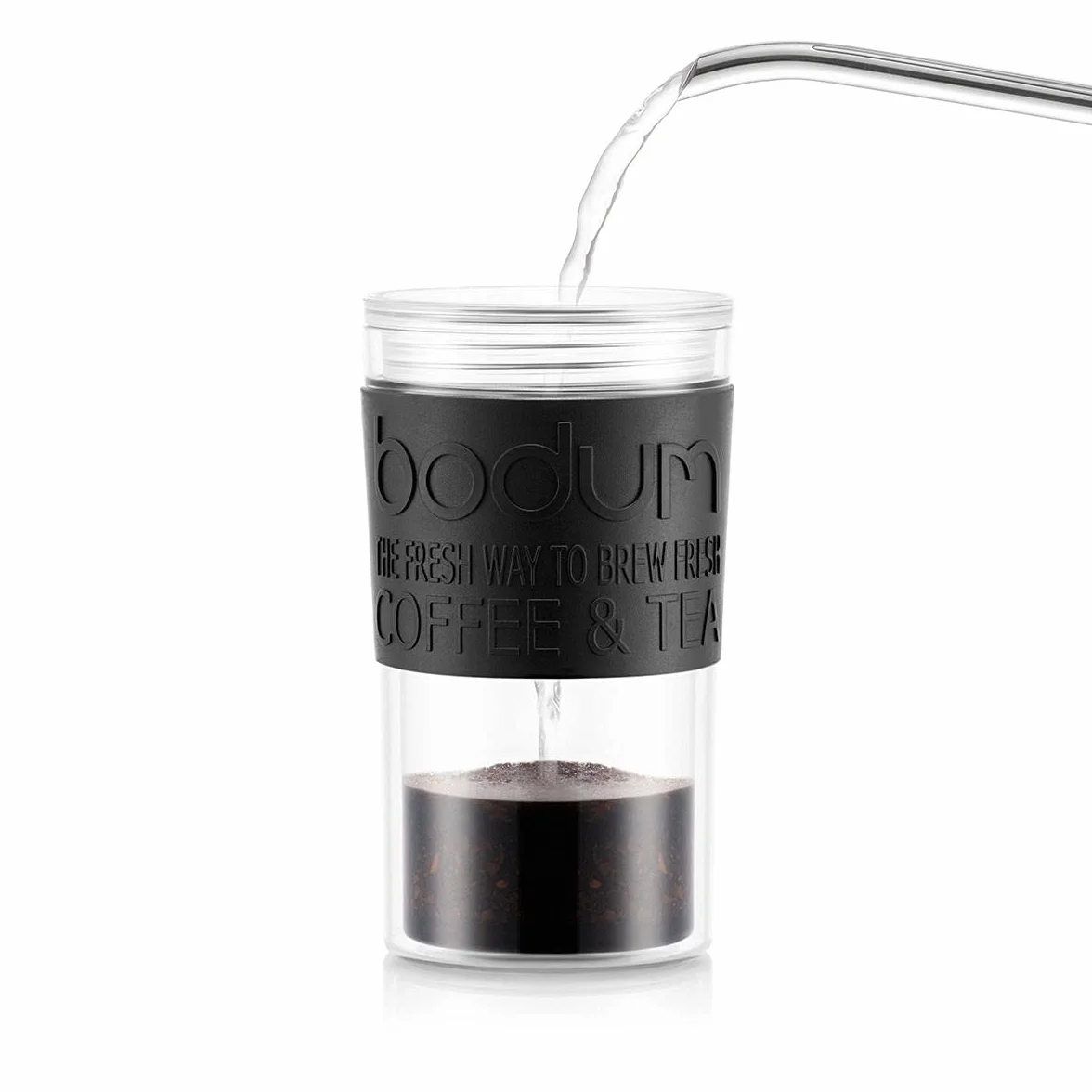 Bodum Izolowany kubek tłokowy 11102-01s z pokrywą na zawiasach, 0,35 litra, czarny, przezroczysty, plastikowy, 8,9 cm