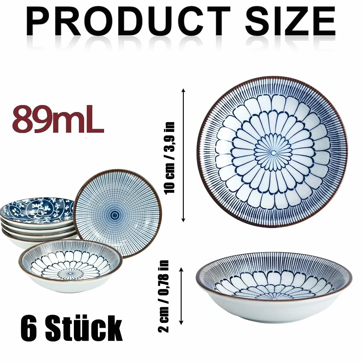 Zestaw 6 ceramicznych misek na sos, można układać w stos i wielofunkcyjne, idealne do Sushi, przekąsek i deserów