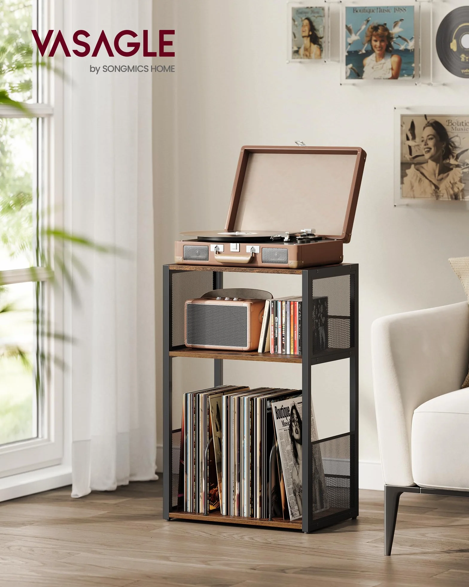 VASAGLE Stojak na gramofon, 3-poziomowy stolik boczny, przechowywanie płyt winylowych do 100 albumów, stolik końcowy do salonu, sypialni, rustykalny brązowy LET275K01