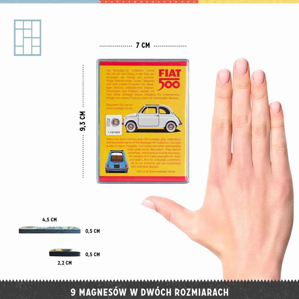 Nostalgic-Art Retro magnesy na lodówkę, 9 sztuk, Fiat 500 – Loved Since 1957 – Pomysł na prezent dla miłośników Fiata, Official License Product (OLP), zestaw magnesów, Styl vintage