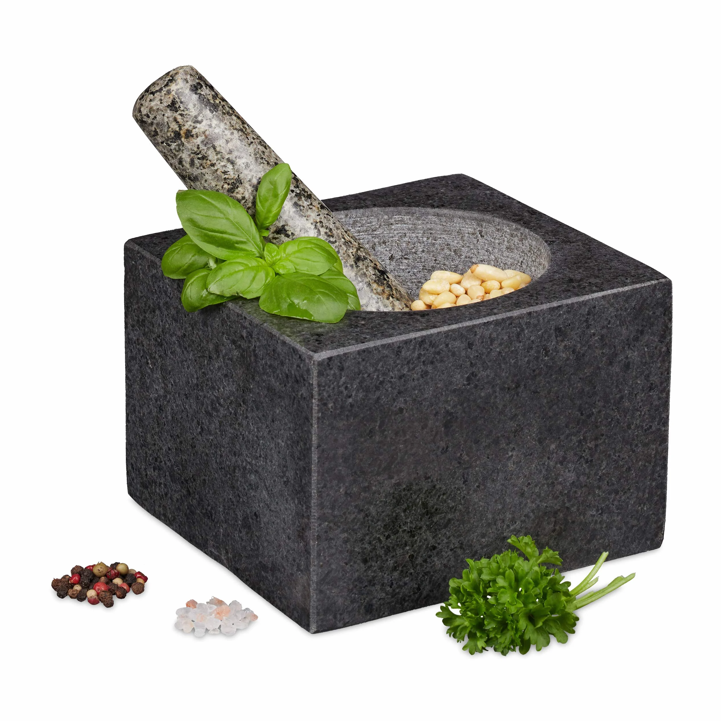 Relaxdays Moździerz kamienny z tłuczkiem granitowy 500 ml 14,5 cm ciemnoszary