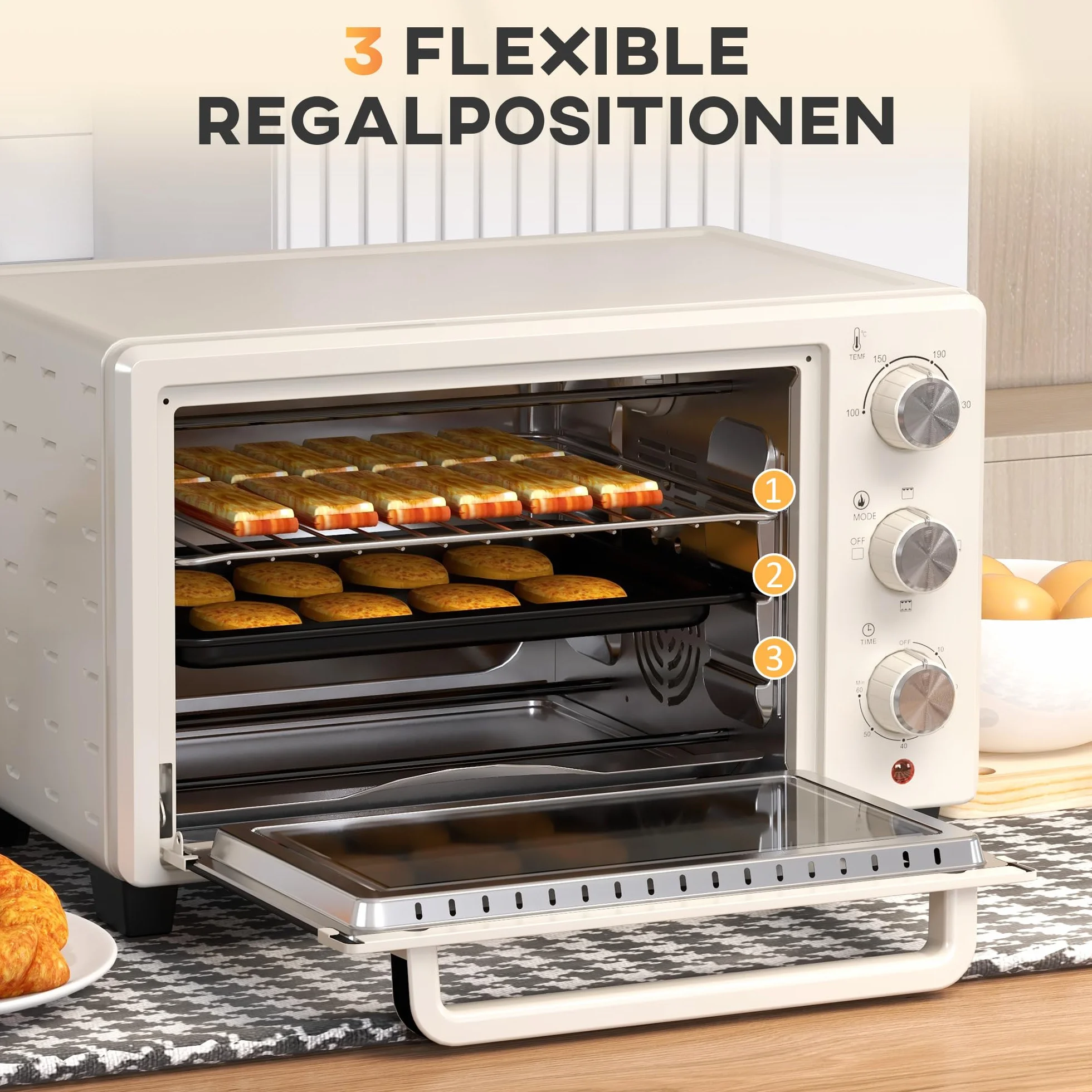 HOMCOM Mini piekarnik 21 l, 1400 W, 100-230°C, timer 60 min, blacha do pieczenia, ruszt do grillowania, pizza, kremowy biały
