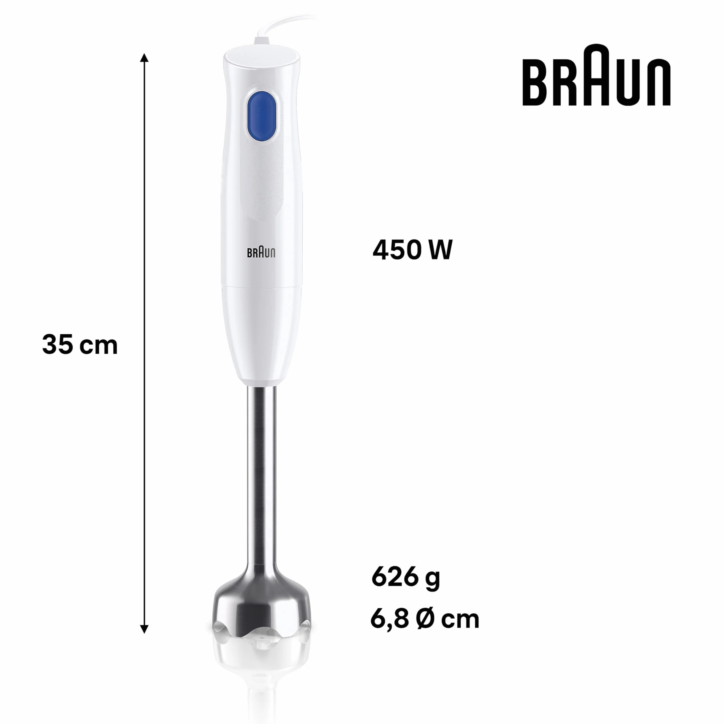 Braun MQ10.001M MultiQuick 1 blender ręczny – bardzo lekki blender z podstawą ze stali nierdzewnej i systemem EasyTwist, w zestawie kubek do miksowania i miarki 600 ml, 450 W, biały
