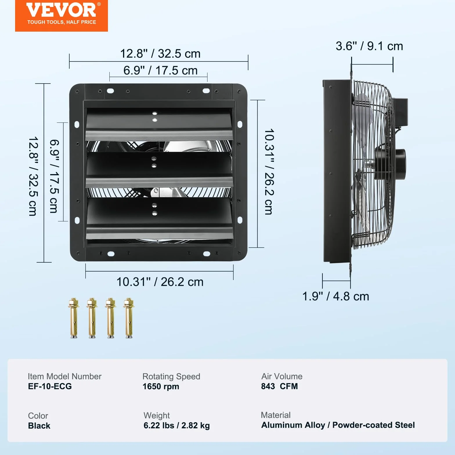VEVOR Wentylator wyciągowy, 254 mm, regulator temperatury i wilgotności, silnik EC, 843 CFM, wentylator ścienny z regulacją prędkości do montażu na ścianie, wentylacja i chłodzenie do szklarni,