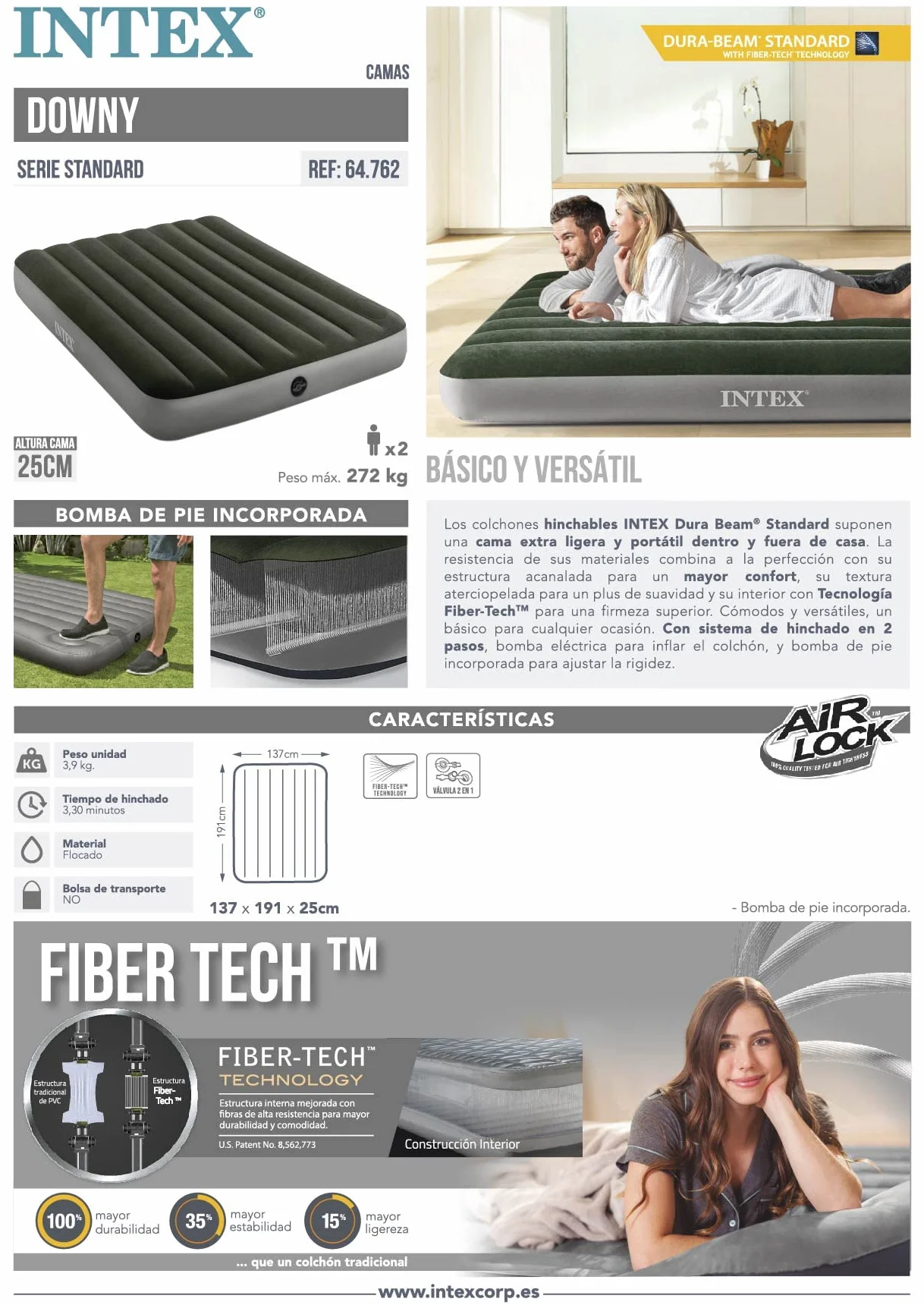 Intex Dura-Beam Downy Materac Dmuchany, Szary/Czarny, 137x191x25 cm
