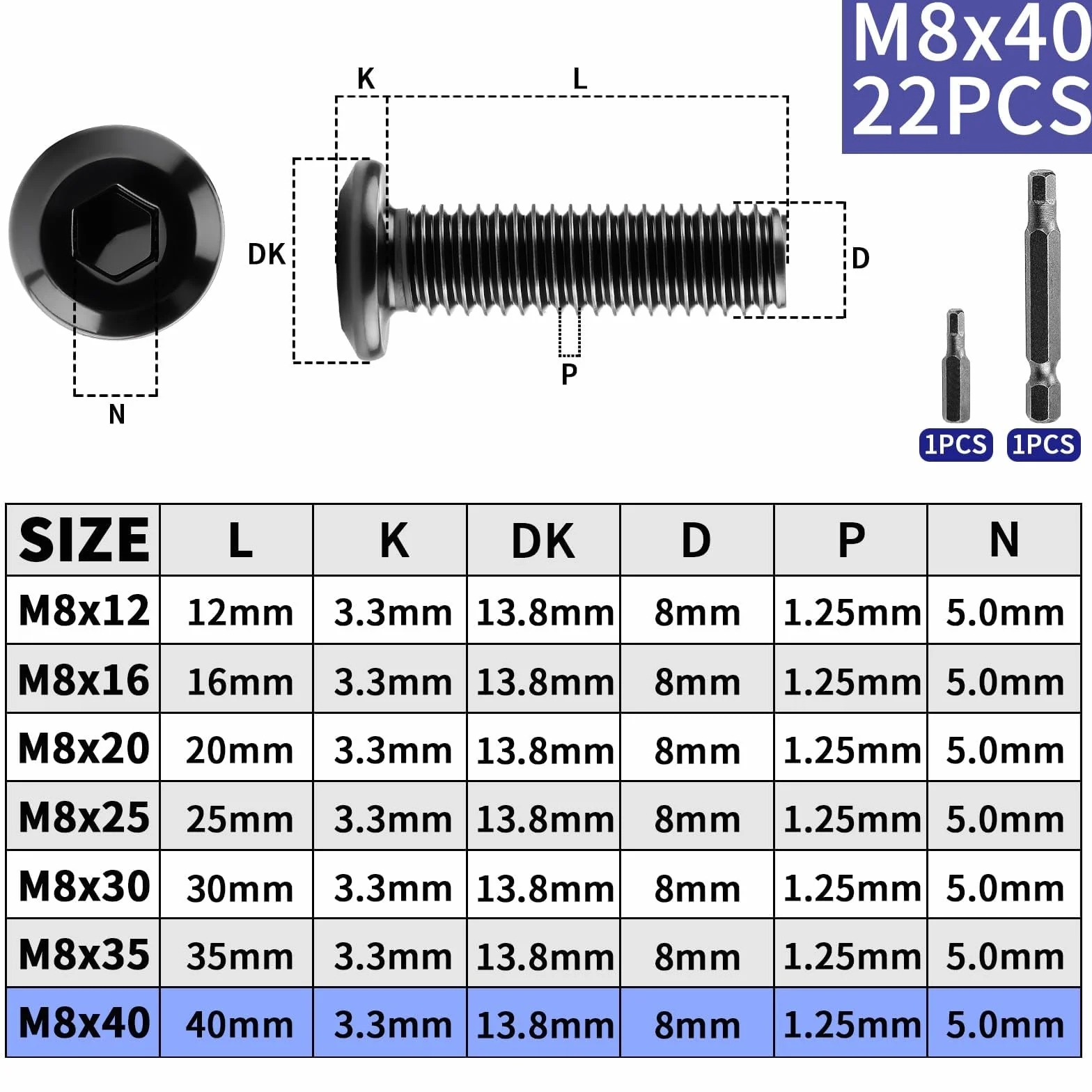22 sztuki śrub z łbem płaskim M8 x 40 mm, śruby M8, czarne, śruby z łbem soczewkowym, ze stali nierdzewnej, A2 V2A, wkręty maszynowe ze śrubokrętem, do montażu, konserwacji, gospodarstwa