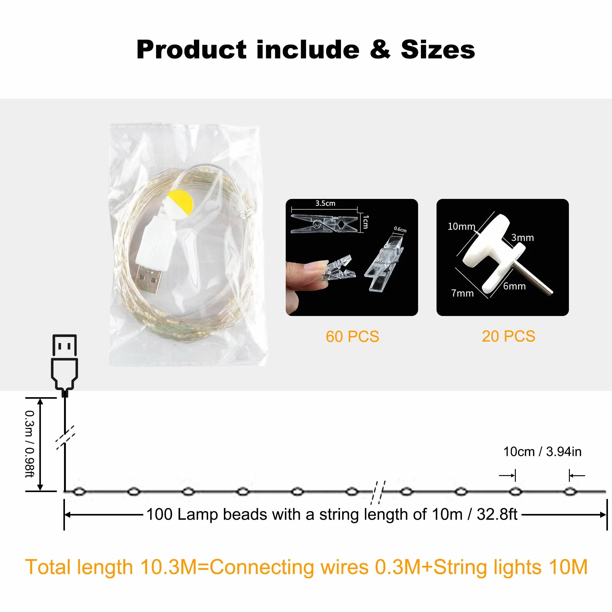 Klip do zdjęć LED USB łańcuch świetlny do dekoracji pokoju 10M 100LEDS lampki sznurkowe z 60 przezroczystymi klipsami i 20 bezszwowymi paznokciami do salonu Boże Narodzenie, ślub (ciepła biel)