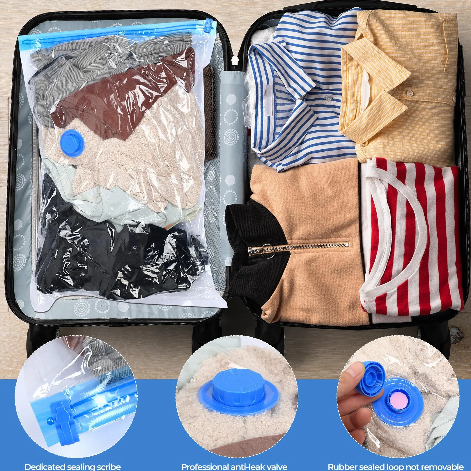 9 sztuk worków próżniowych na ubrania podróż, Vacuum Bags for Clothing Travel, Worki do pakowarki na odzież, Kompresyjne worki próżniowe na odzież, Worki próżniowe do walizki (60 × 40 cm)