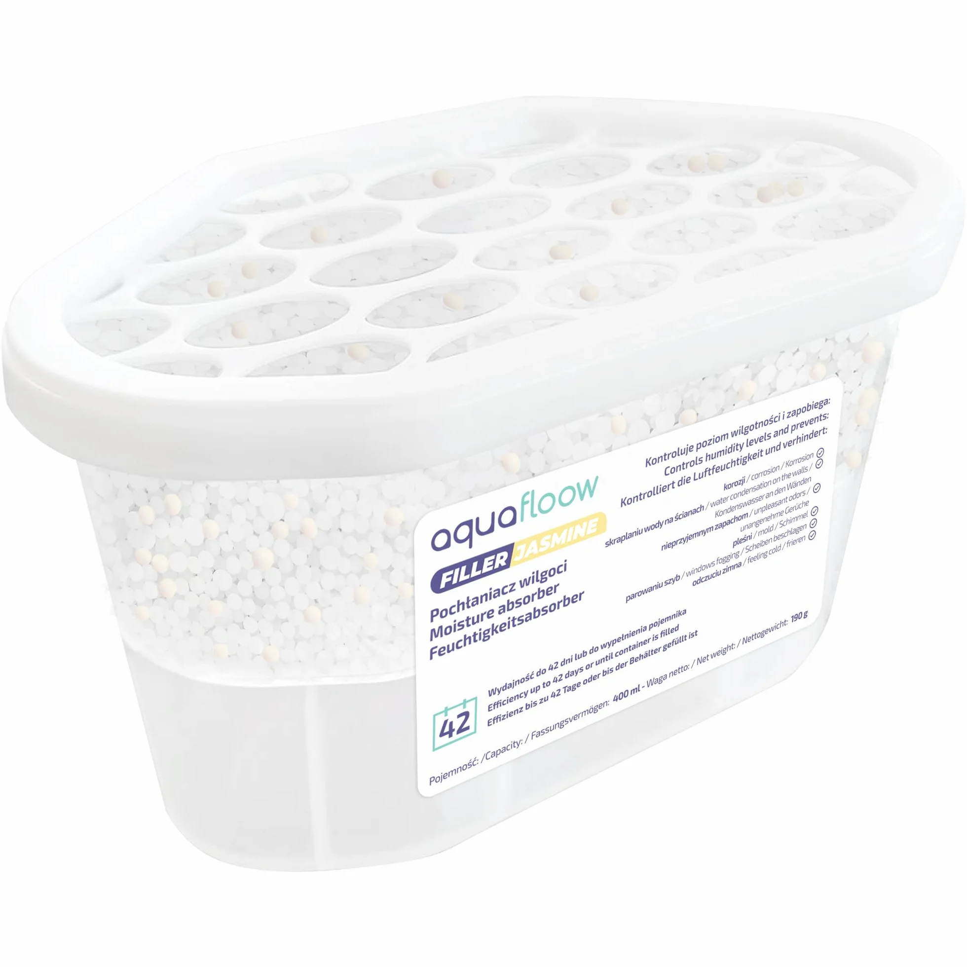 Aquafloow Osuszacz Pokojowy 400 ml, Redukuje Wilgotność, 6 Sztuki Granulki JASMINE | Neutralizator Zapachów, Pochłaniacz Wilgoci do Kuchni, Szafki, Łazienki i Gabinetu