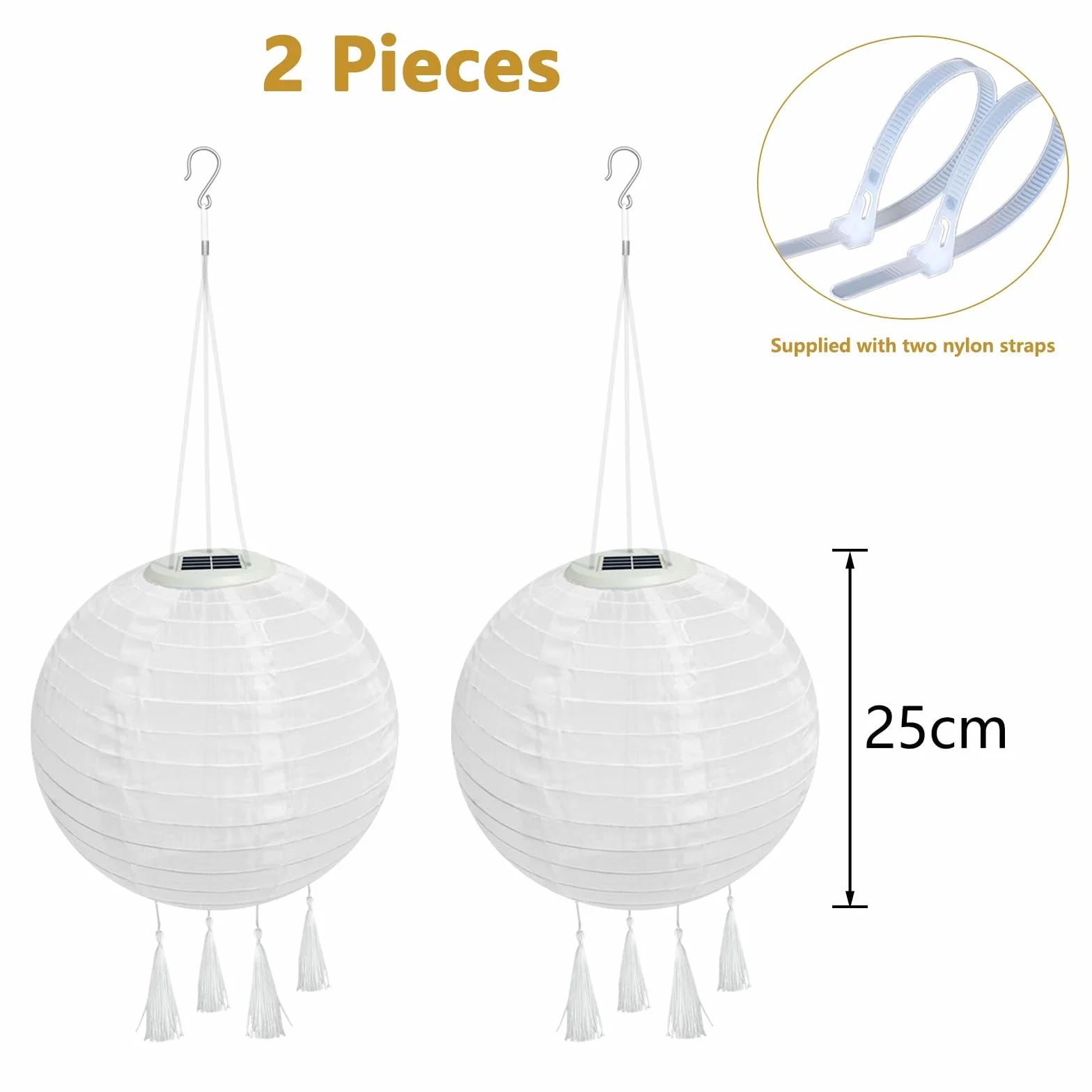 Lampiony solarne, 2 sztuki, 25 cm, do użytku na zewnątrz, odporne na warunki atmosferyczne, wodoszczelne lampiony LED z 4 frędzlami, wisząca nylonowa latarnia do ogrodu, na podwórko, balkon