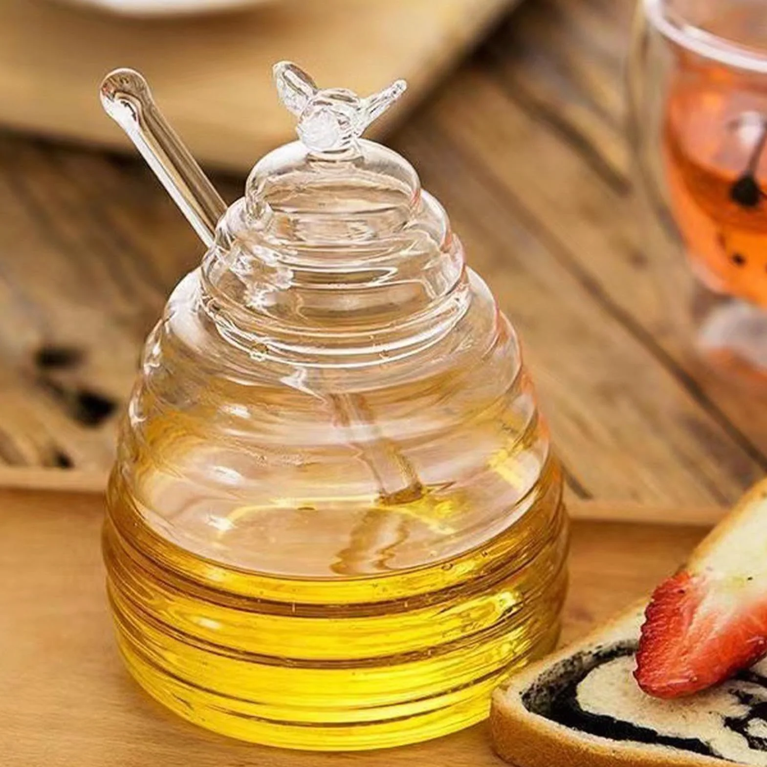 Słoik na miód z pojemnikiem i pokrywką, 500 ml miód pszczoła garnek przezroczysty szklany słoik na miód odporny szklany dozownik miodu do dozowania miodu i syropu