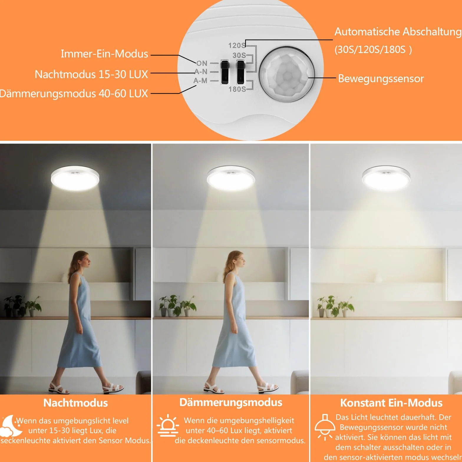 Oumida lampa sufitowa LED z czujnikiem ruchu, 18 W, lampa sufitowa z czujnikiem ruchu do wnętrz, okrągłe światło z czujnikiem ruchu do sypialni, korytarza, kuchni, łazienki, balkonu, piwnicy, garażu