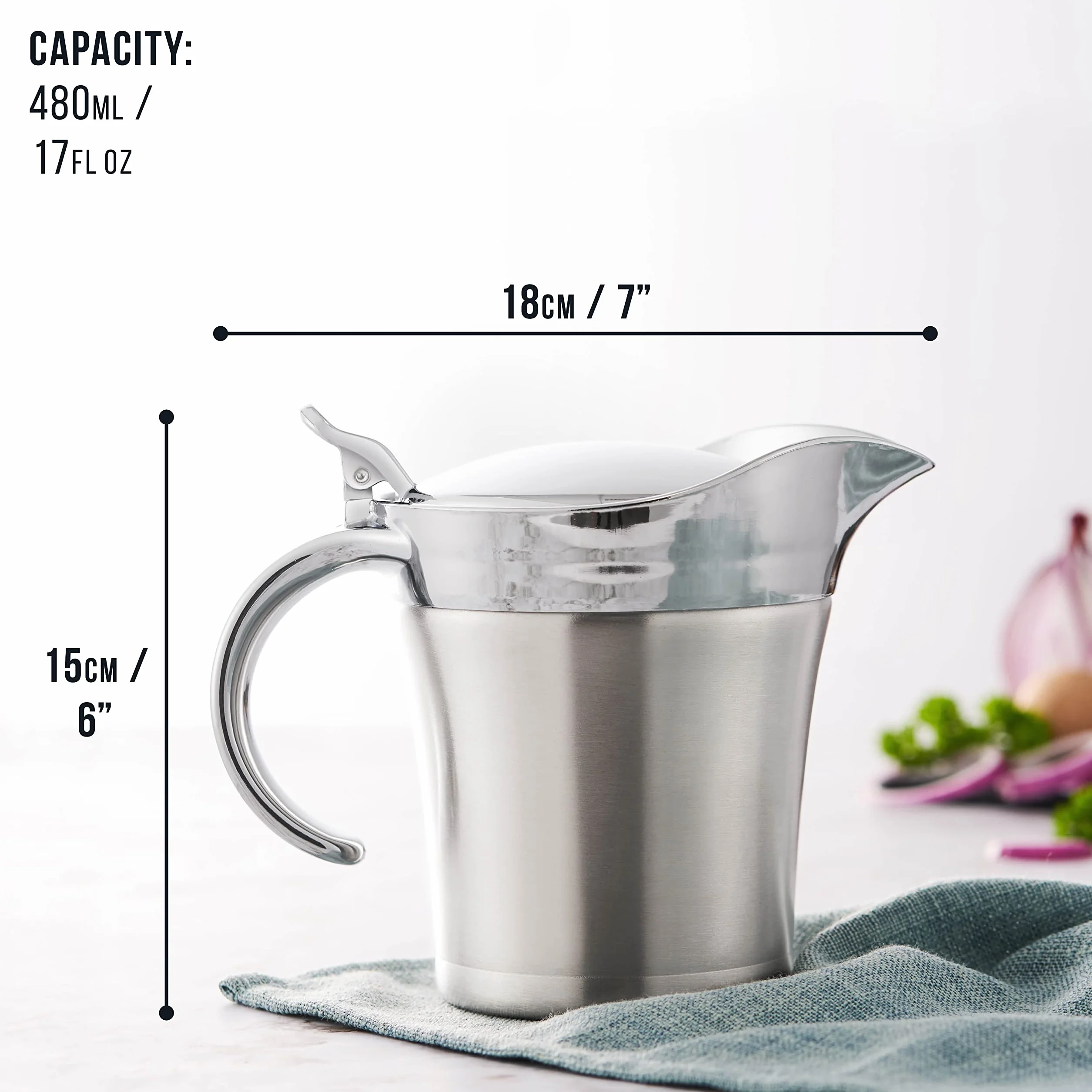 Oak & Steel podwójna ścianka, izolowana łódź na sos, 480 ml, termiczny dzbanek ze stali nierdzewnej z łatwą do podnoszenia pokrywką, do sosu, mleka, kremu i śmietany