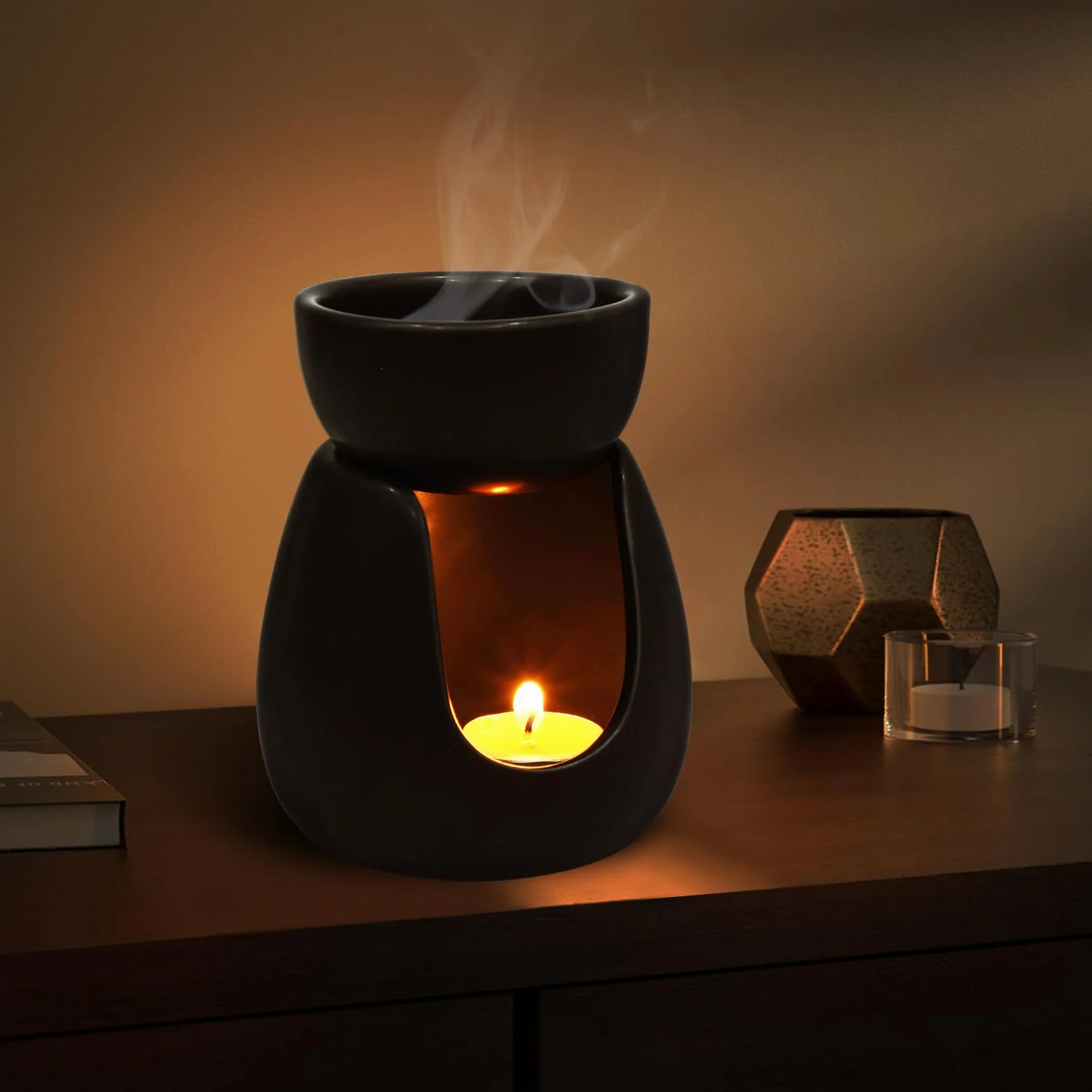 WD&CD Lampka zapachowa z ceramiki, lampka aromatyczna świeczka Aroma Diffuser podstawka do olejków eterycznych Czarny