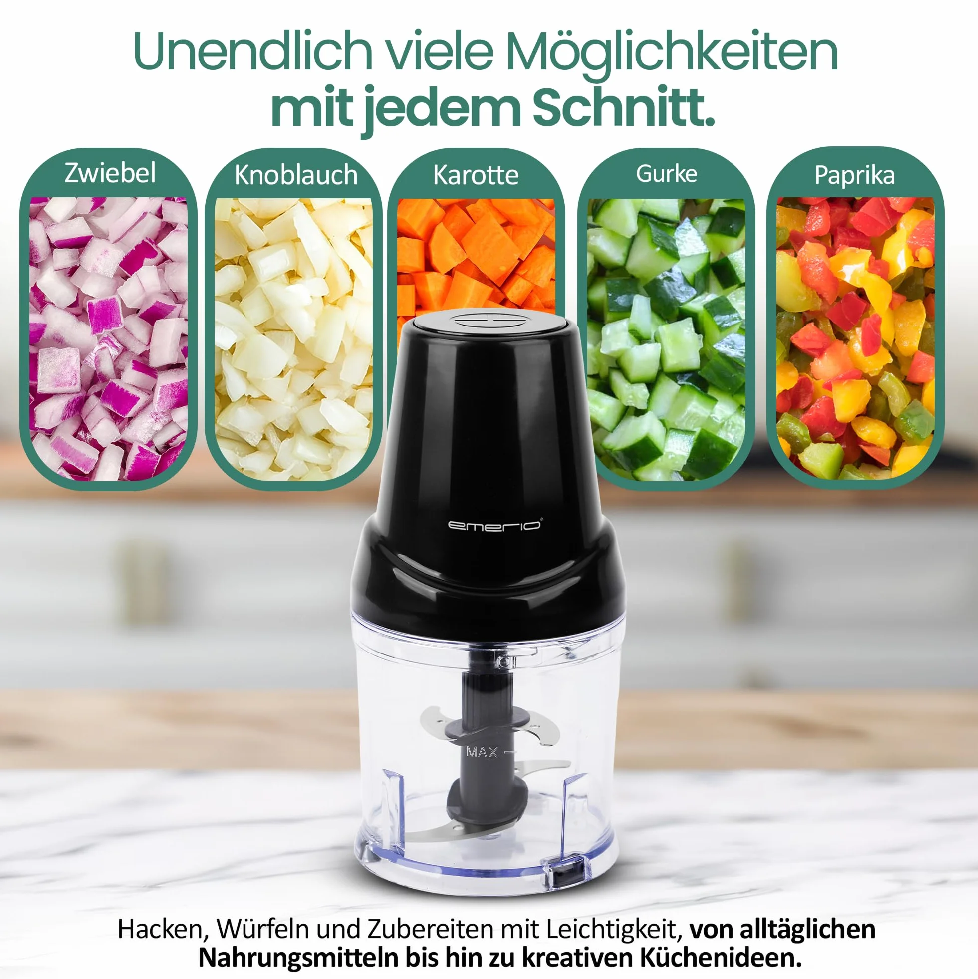 EMERIO Rozdrabniacz o pojemności 500 ml, mocny silnik 400 W, silnik DC, elektryczny rozdrabniacz, 4 ostrza ze stali nierdzewnej do rozdrabniania np. mięsa, cebuli, owoców, warzyw
