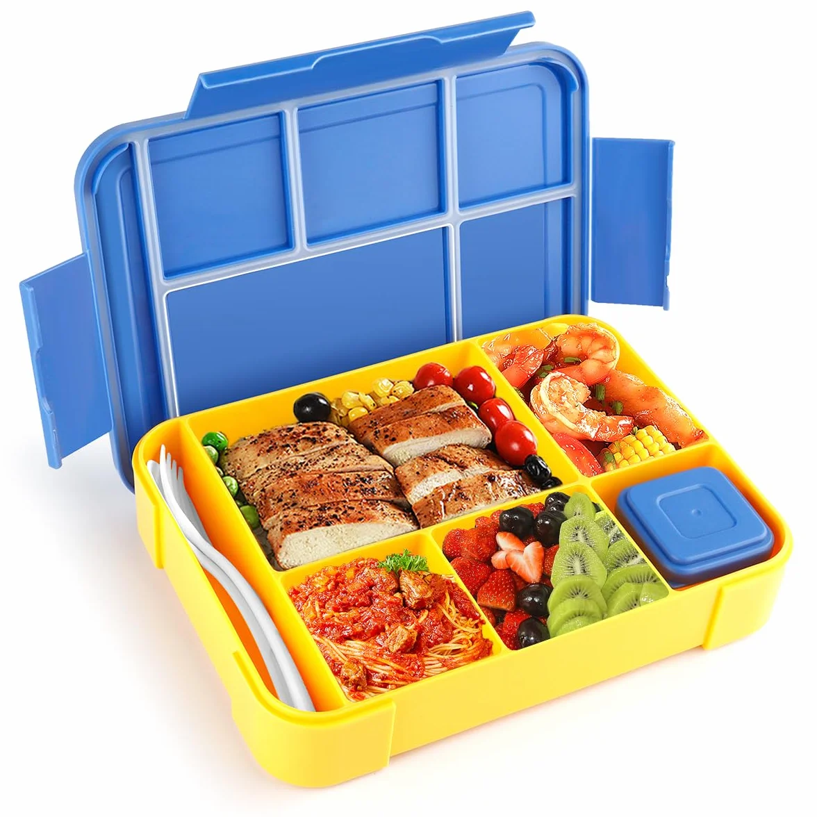 YC Kitchen pudełko śniadaniowe, 1200 ml, z 5 przegródkami, szczelny lunchbox Bento ze sztućcami, nadaje się do mikrofalówki i zmywarki (w kolorze niebieskim)
