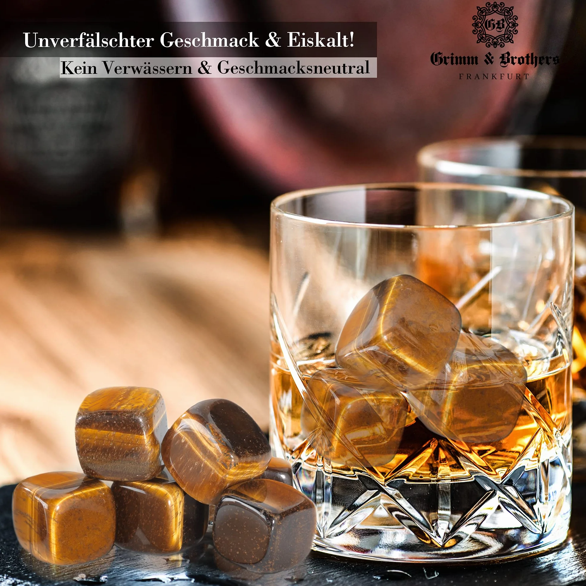 Grimm & Brothers: Zestaw kamieni do whisky, 9 kamieni tygrysie oko, grawerowana rama bambusowa, kamienie chłodzące, prezenty dla mężczyzn, kostki lodu wielokrotnego użytku, zestaw upominkowy