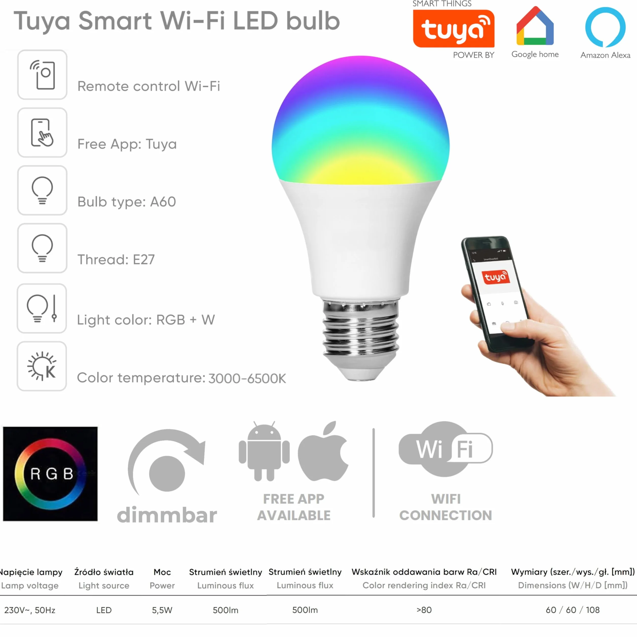 Tuya Smart LED RGB CCT żarówka E27, możliwość ściemniania