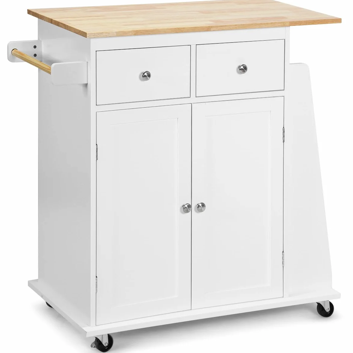 KOMFOTTEU Wózek kuchenny z blatem roboczym 80 x 45 cm, wyspa kuchenna na kółkach, szafka kuchenna z szufladami, regał na przyprawy, wózek kuchenny z litego drewna, do kuchni, jadalni (biały), QF54581