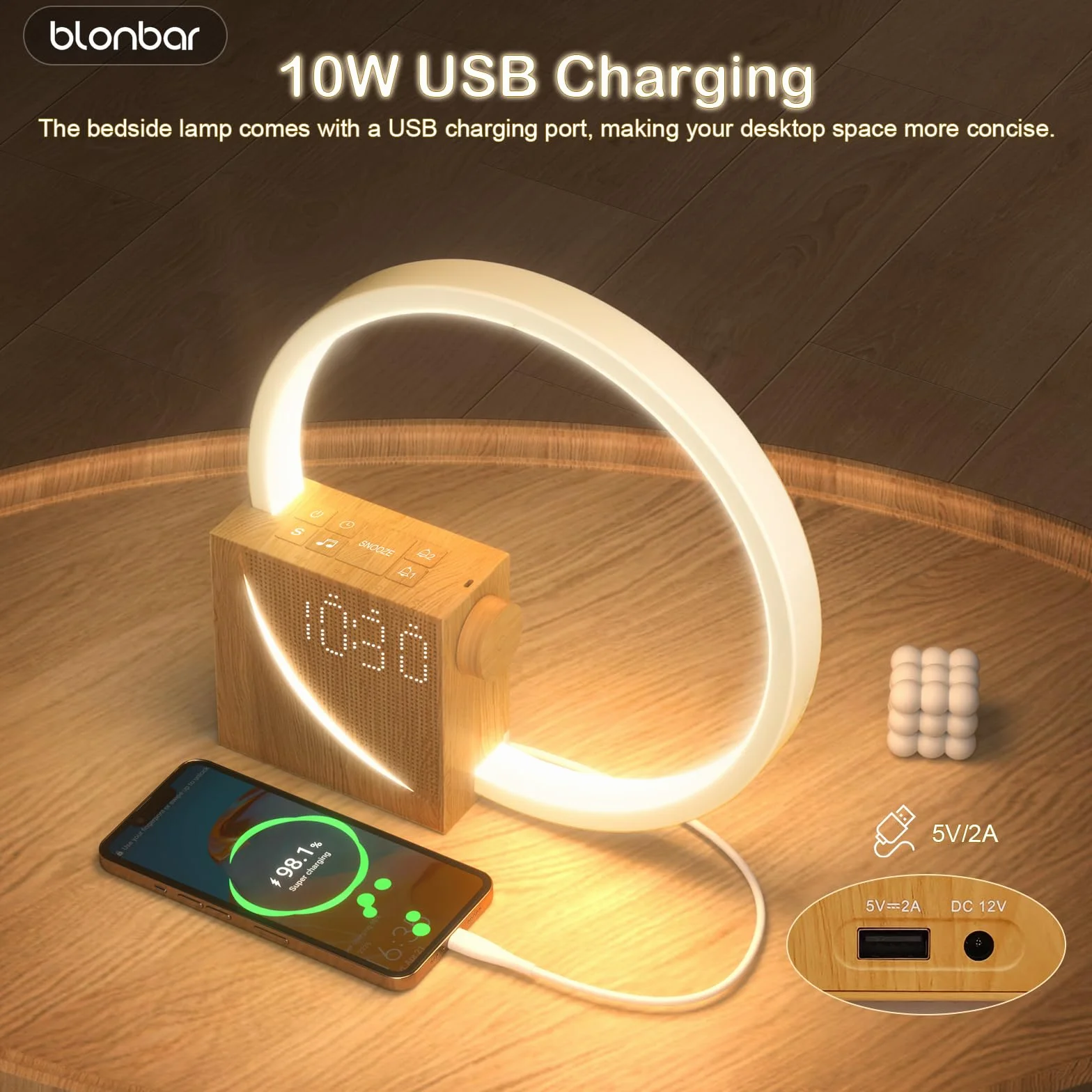 blonbar Lampka nocna z budzikiem świetlnym Wake Up, lampa stołowa z funkcją ładowania USB 10 W, sterowanie dotykowe, ściemniana,3 poziomy jasności