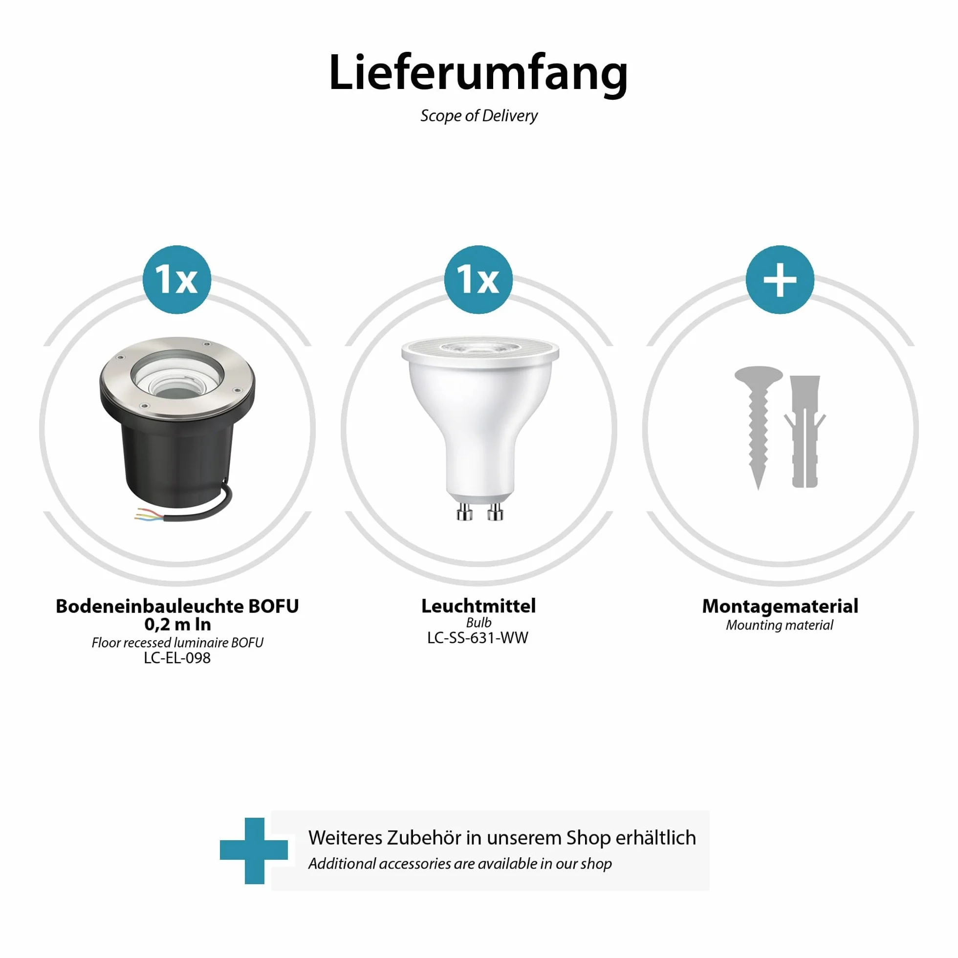 ledscom.de Oprawa wpuszczana w ziemię BOFU do zastosowań zewnętrznych obrotowa stal nierdzewna okrągła IP67 150mm Ø w zestawie lampa LED 5,473W 468lm 30° ciepła biel