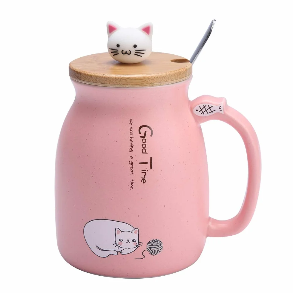 Kubek dla kota 420 ml śliczny ceramiczny kubek do kawy z pięknym kotkiem drewniana pokrywka łyżka ze stali nierdzewnej, poranna filiżanka herbata mleko świąteczny kubek(Pink)